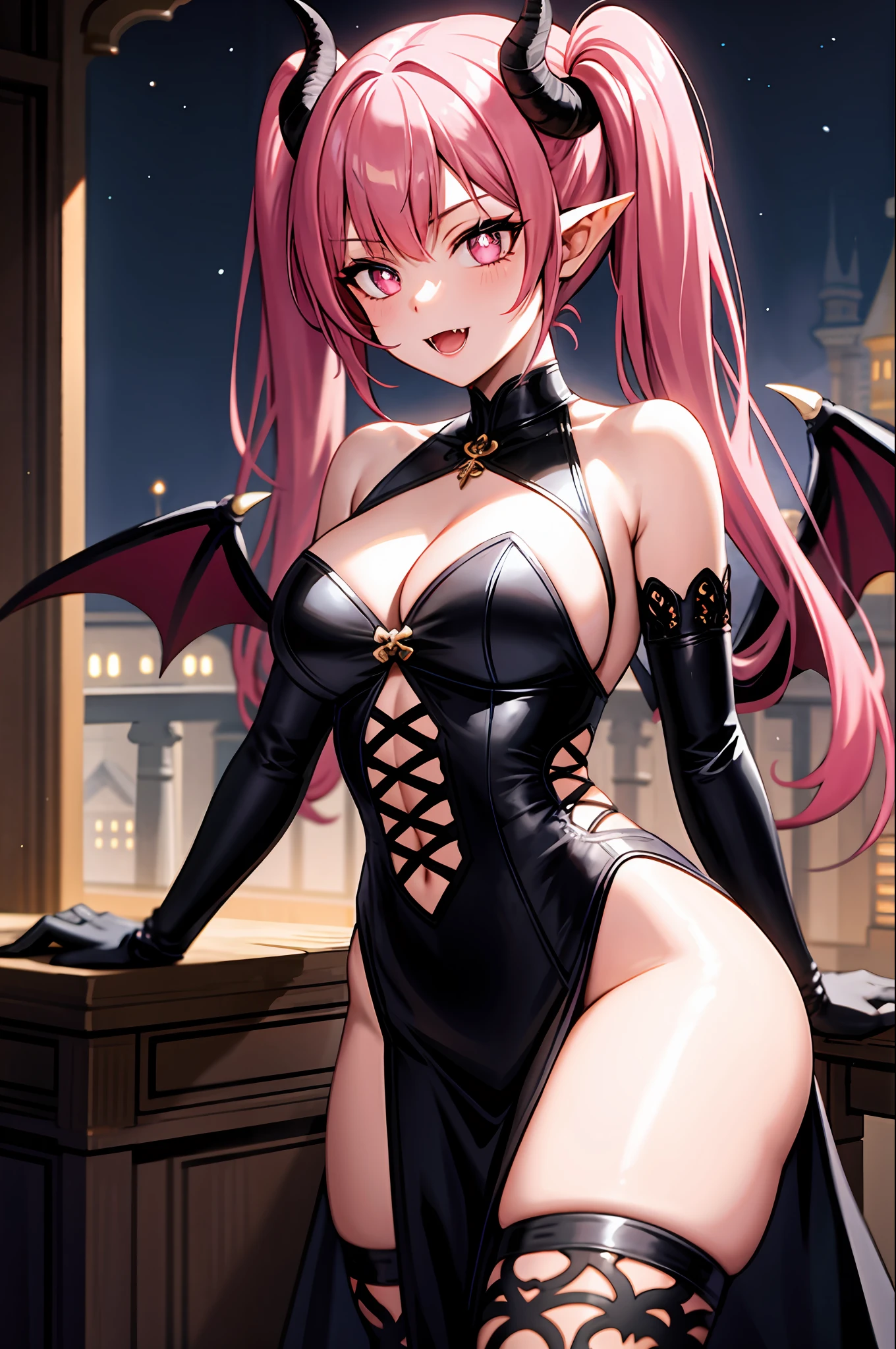 (masterpiece, best quality, detailed background, intricate details), dark castle, 1girl, demon, pink hair, pink detailed eyes, slit pupils, curled horns, wings, fangs, black armor, bones, night, twin tails