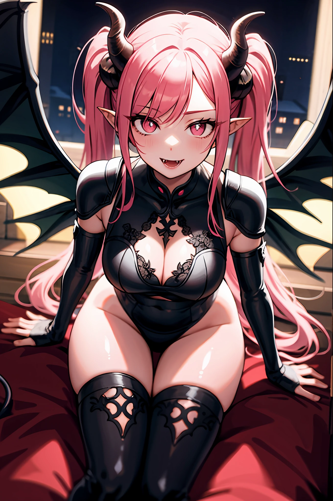 (masterpiece, best quality, detailed background, intricate details), dark castle, 1girl, demon, pink hair, pink detailed eyes, slit pupils, curled horns, wings, fangs, black armor, bones, night, twin tails