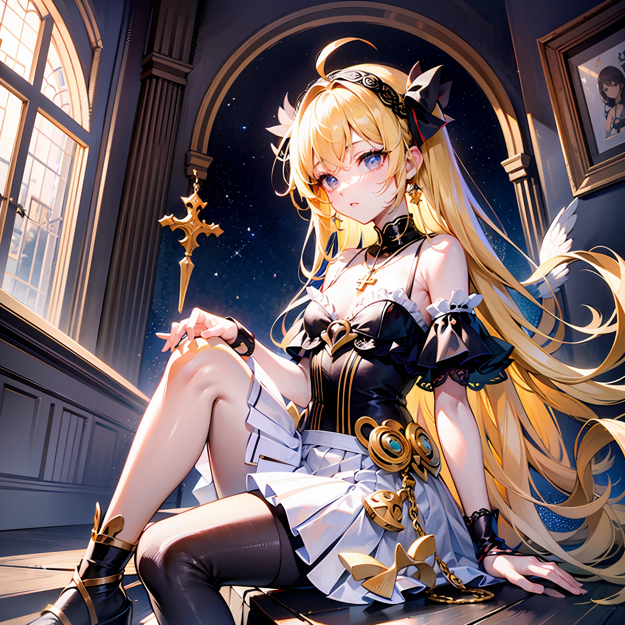 profile,full body,very wide angle shot,High saturation,Overall view,,Perspective,Starry sky,greco-roman architecture,Gothic architecture,chies,Indoors,A high resolution,Game CG,Extremely detailed Cg Unity 8K wallpaper,Detailed manga illustrations,art of light novel,intricately details,A high resolution,angel,Solo,Petite,angelicales,Dragon girl,ta fashion,Slim waist,Princess,Teenuncensored,young girl,Babe,ahoge,Very_Long_Hair,Blonde hair,Shiny hair,Blonde_Hair,Blonde_Hair/Yellow_Eyes,looking at the distance,pray,Floating,Own hands together,Detail fingers,Knees Together,Feet up,anklet,Serious,Beautiful detailed eyes,Eyes,shoulder cutout,halter dress ,off the shoulder dress,White transparent skirt,Long skirt,Pleated dress,White pantyhose,kneehighs,White_upper legs,mary_janes,thigh band,Hair ribbon,Hair accessories Hair bow,Cross necklace,Headband,Tiny_chest,Beautiful detailed sky,Ray tracing,Masterpiece,Clear picture,Pedras preciosas,ahoge,leg loops,