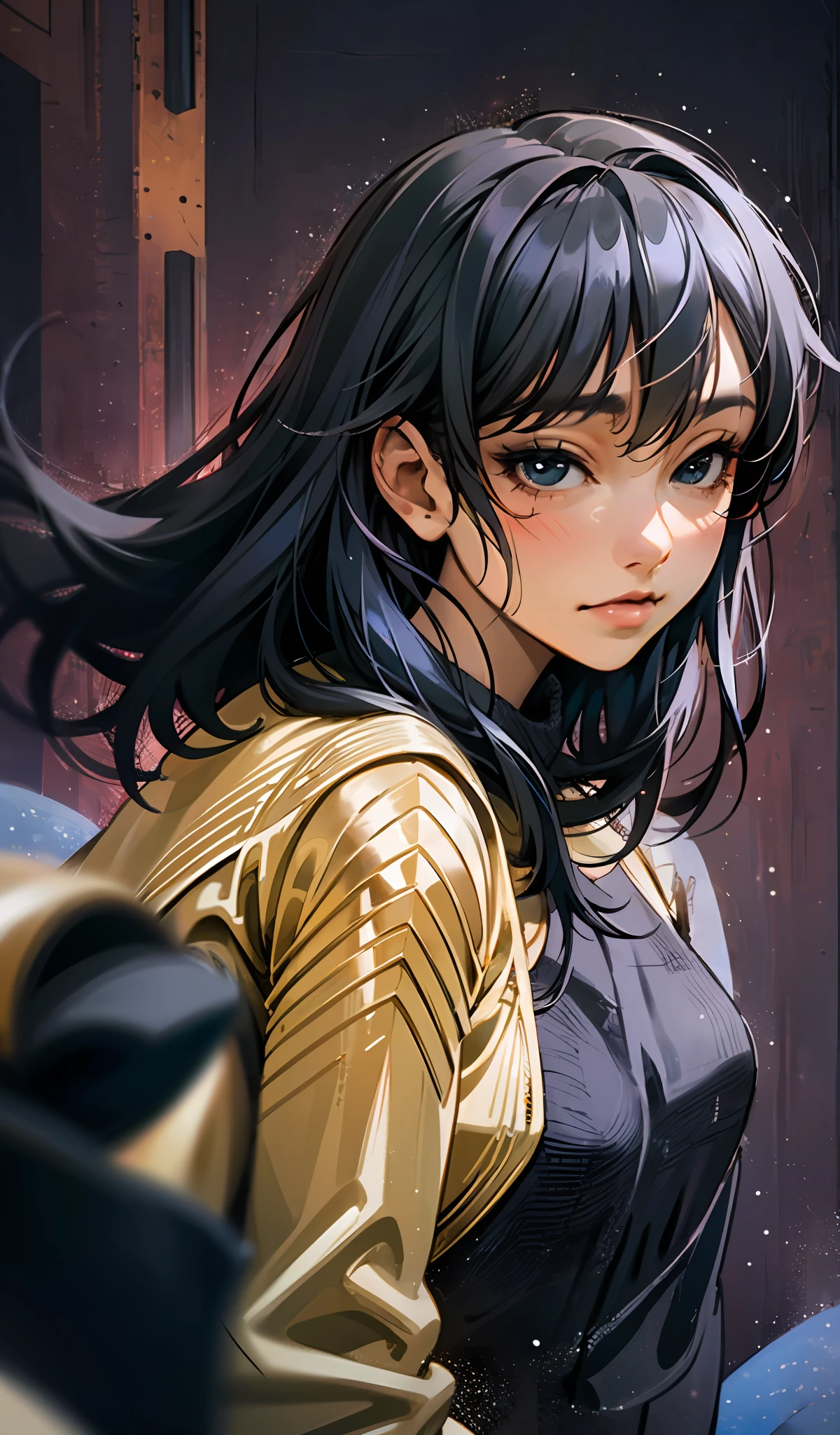 ((Full body)),(1girl, Freya JKT48), (extremely detailed CG portrait, masterpiece, best quality), (black hair:1.2), (city lights), (night view),(black eyes),(lips),(dark background), (anime style), (anime vibes)
