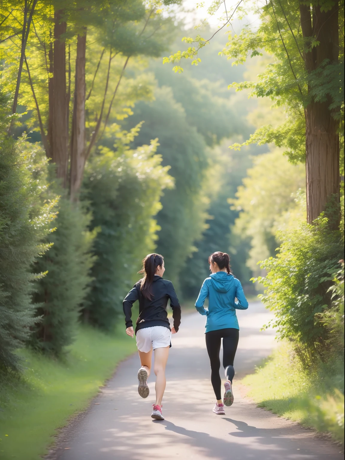 Woman and man jogging in beautiful nature with their backs to the camera