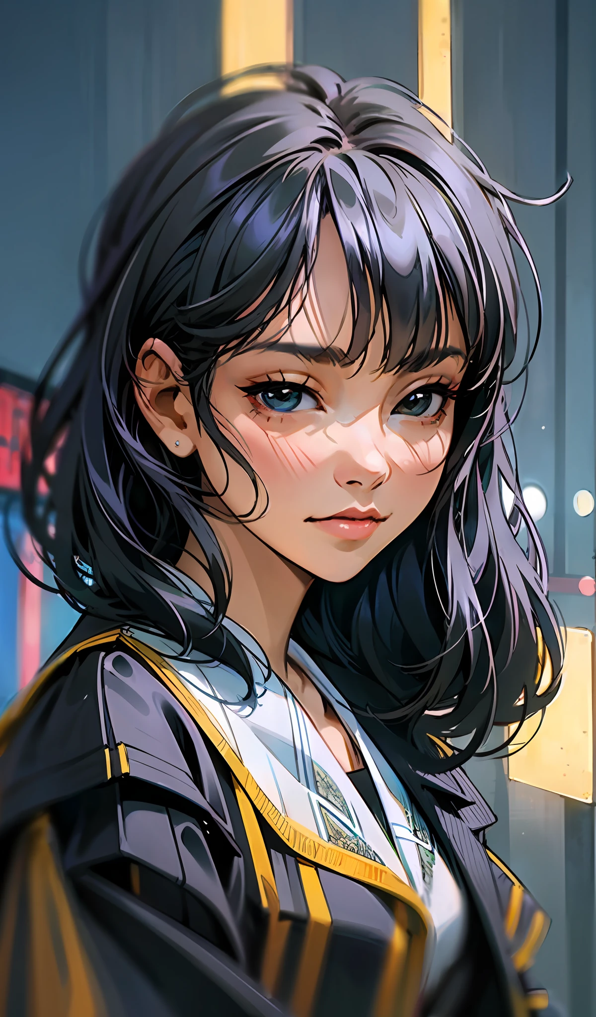 (detailed CG portrait, masterpiece, best quality) of (1girl, Freya JKT48), emphasizing her (lips and black eyes) in an anime style with (black hair) against a (night view) of (city lights), giving off strong (anime vibes).