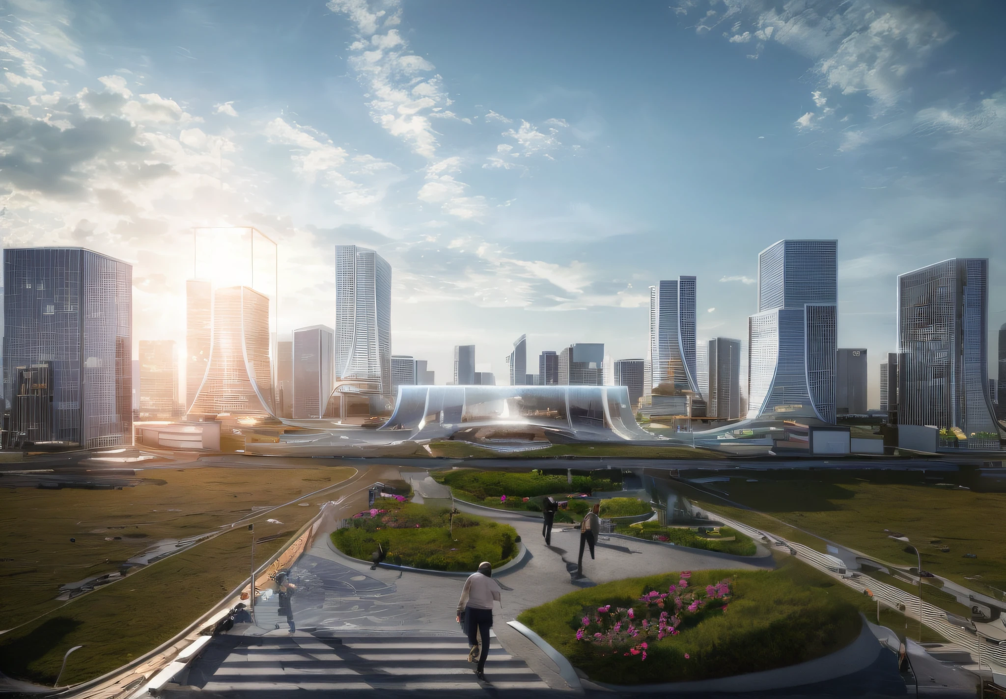 Urban parks，Landscaping，People walk through it，Large lawn