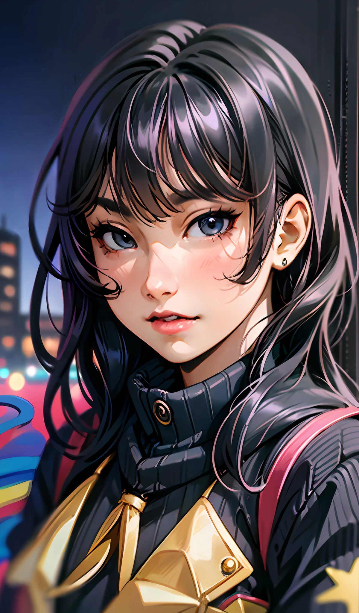 (detailed CG portrait, masterpiece, best quality) of (1girl, Freya JKT48), emphasizing her (lips and black eyes) in an anime style with (black hair) against a (night view) of (city lights), giving off strong (anime vibes).