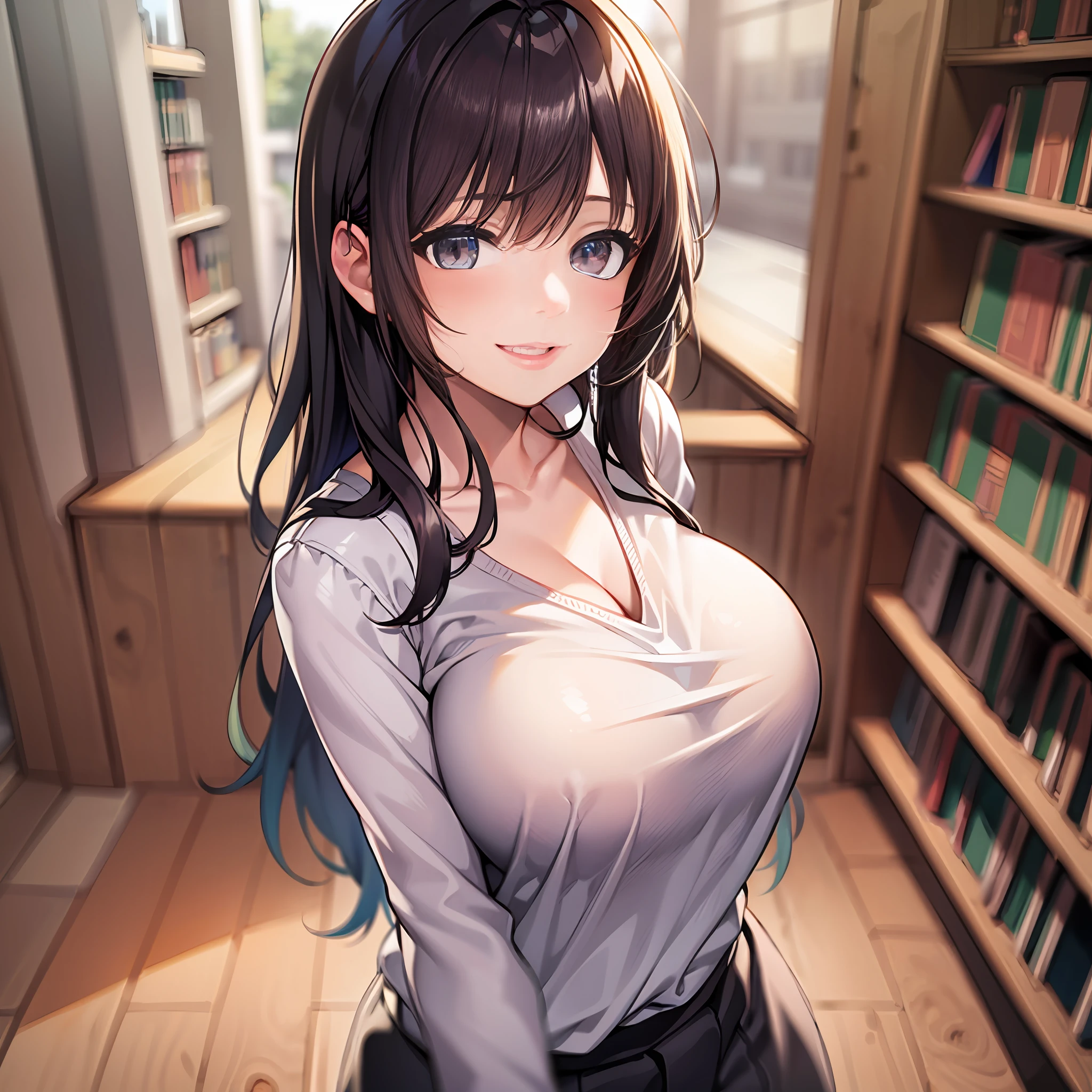 1girl、smiling  girl、natural soft light、wide angles、library、blured background、full of shyness、full bodyesbian、shirts lift、huge-breasted、Chest separation