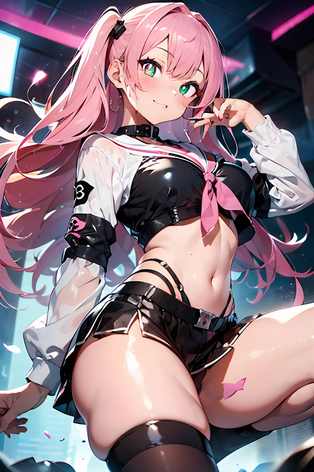 (Stick out your tongue)(index finger on cheek)(((masutepiece))),((ultra-detailliert,Best Quality)),fullllbody,Fulll body Shot.((Pink hair, Long hair,Straight hair,two side up)) (Green eyes),eyeshadows, eye line,gloweyes, ultradetailed eyes, intricate eyes, Beautiful eyes, ((Glowing pink pupils))18-year-old girl.Chanel