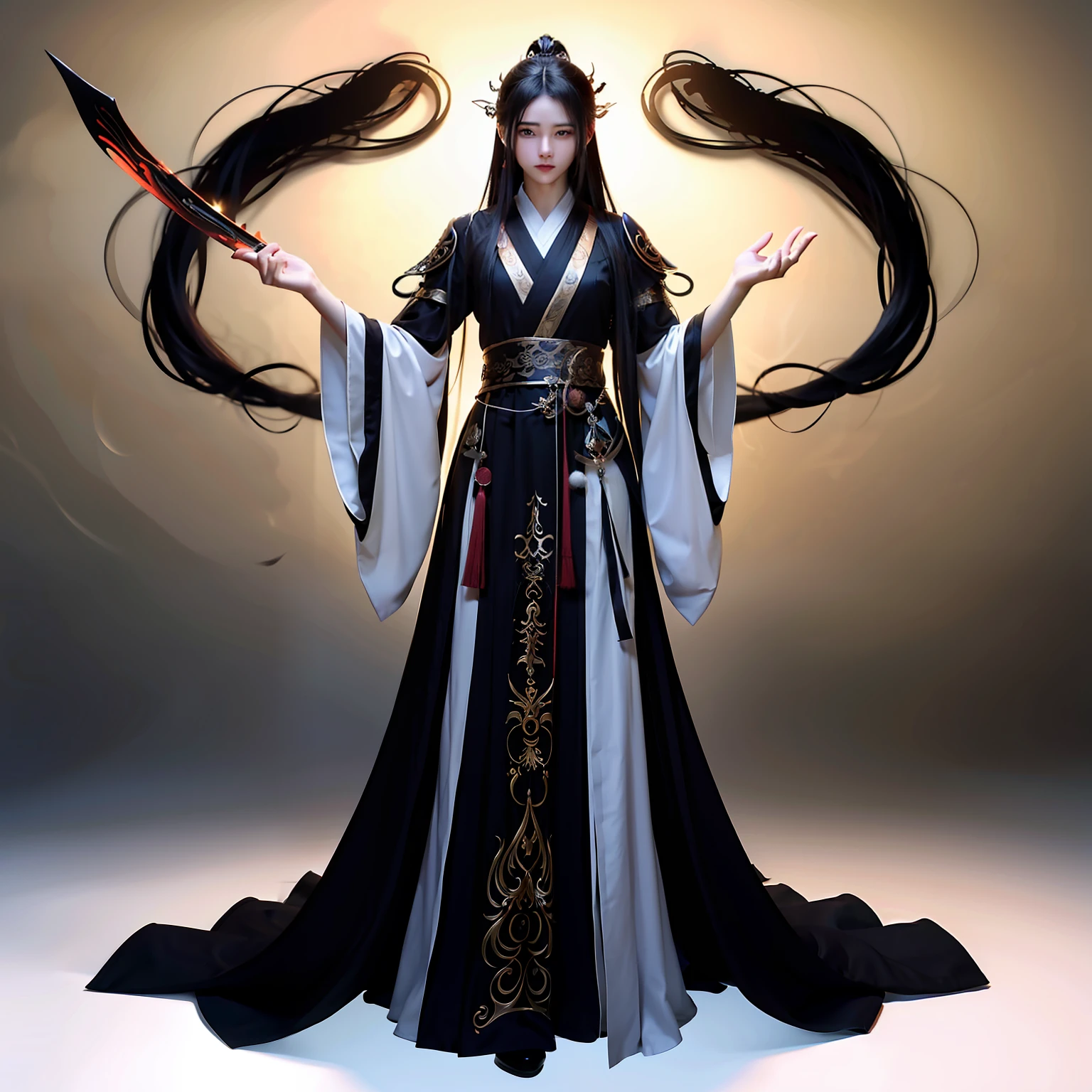 Wearing a black dress，Long-haired Arad man, flowing hair and long robes, dark flowing robe, full-body wuxia, inspired by Wu Daozi, flowing magical robe, in a cloak with long hairs, Wuxia, Inspired by Seki Dosheng, Flowing robes,, wearing in black cloak,