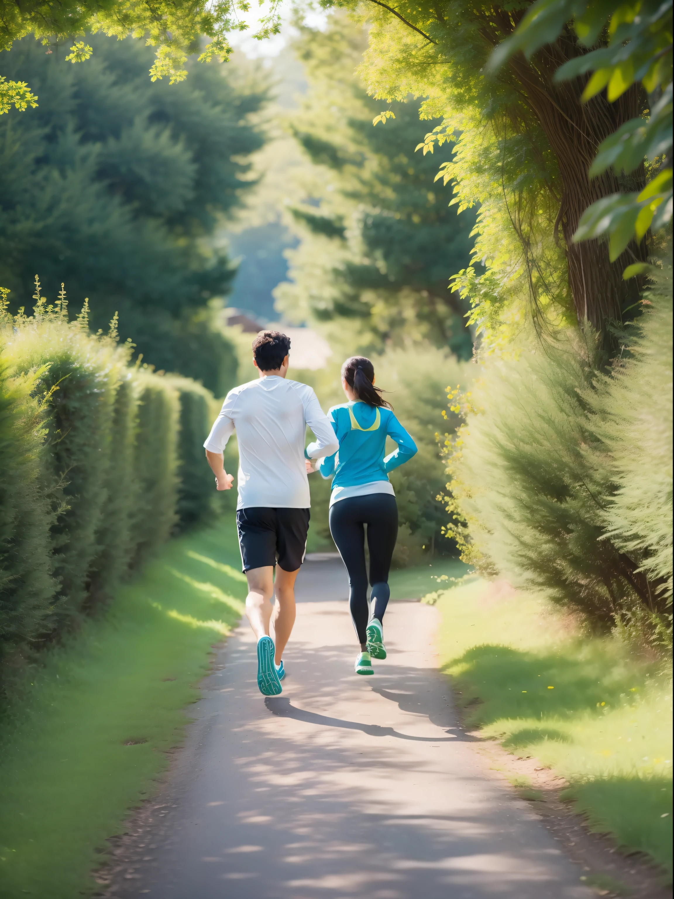 Woman and man jogging in beautiful nature with their backs to the camera