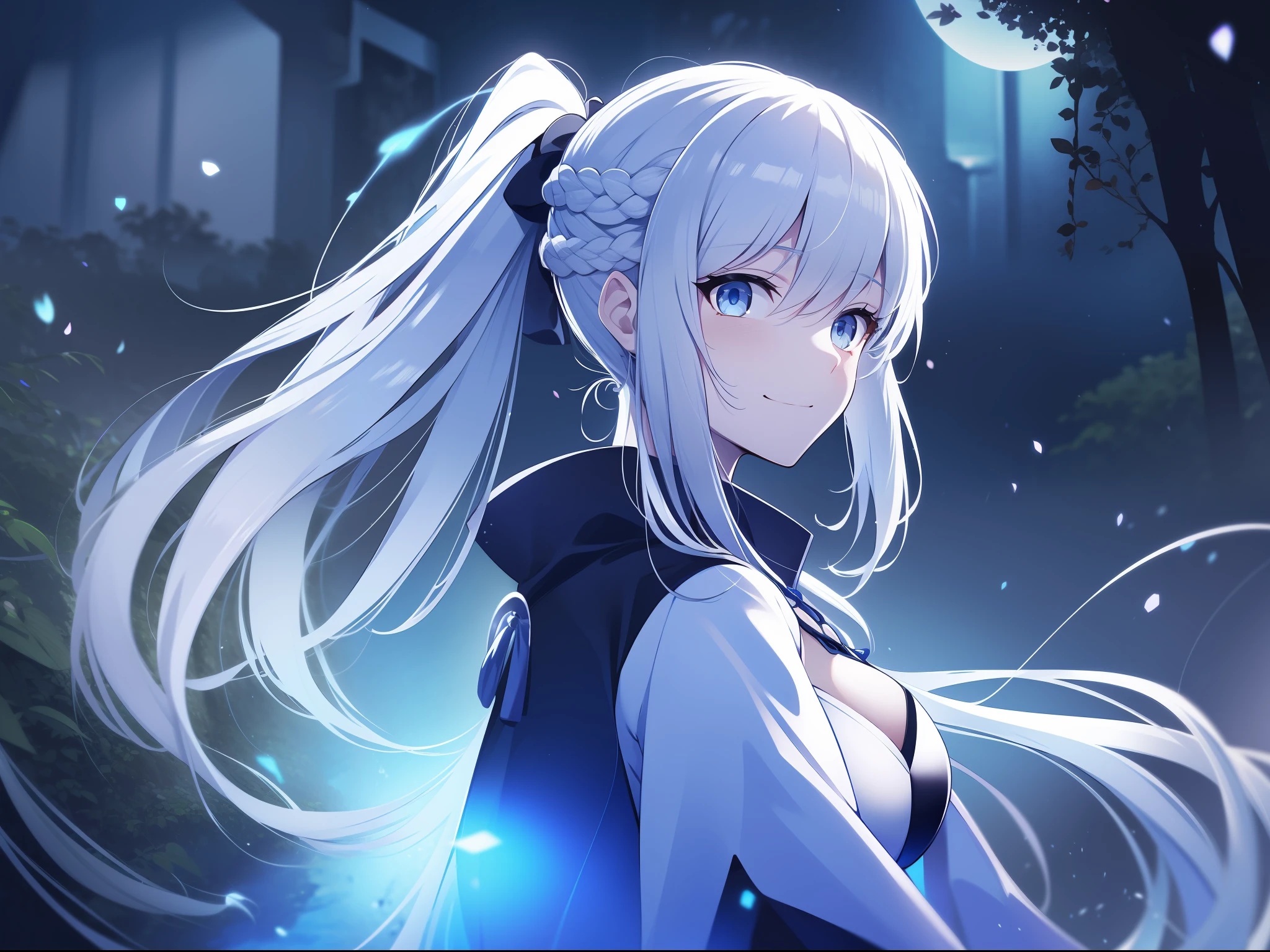 Blue woods,Night,glowworm,lakeside,standing on your feet,1girll,Blue eyes, shaded, Smile with, White hair, french braid, long whitr hair, pony tails, Very long hair, side locks, Floating hair, blue color eyes, god light, shadowing, From the side Side, Realism, color difference, shadowing, 巨作, 巨作, anatomy correct, high detal, High quality