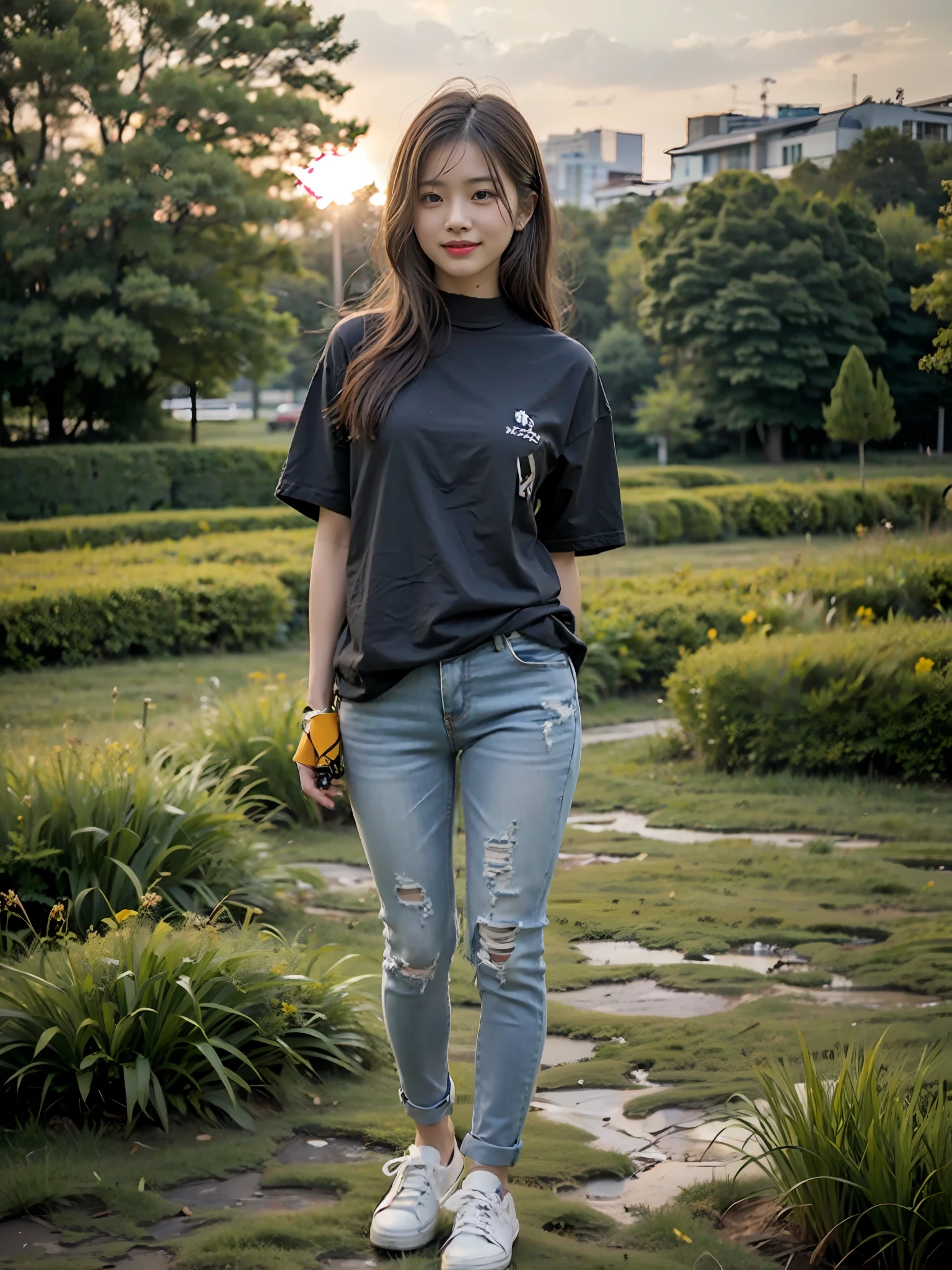 (best qualtiy:1.4),Complicated details,20 years old Korean girl,Wear a loose black T-shirt and skinny jeans,Stand on the grass and take pictures,Detailed meadow,A sweet smile on a small face,Ultra-realistic facial details,Playful and coquettish pose,The calves are straight and slender:1.2,Wear high-end branded colored canvas shoes:1.0,eventide:0.3,Broad lighting,naturalshadow:1.0,fully body photo:1.8