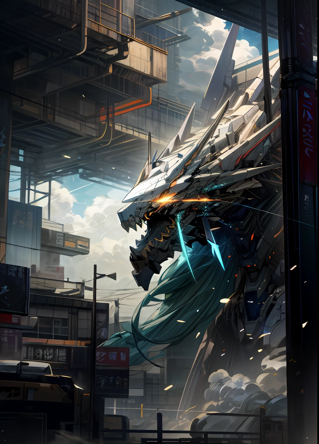 Sky, Clouds, holding_weapon, no_humans, Glow, Robot, Architecture, glowing_eyes, Mecha, Science Fiction, City, Reality, Mecha, Dragon