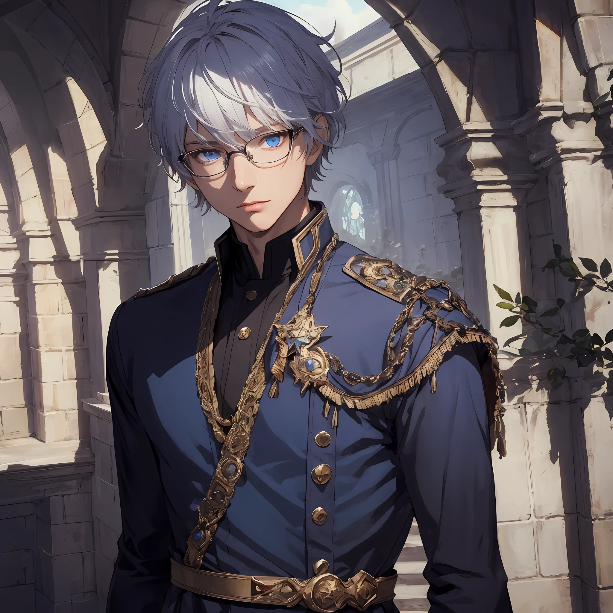 masterpiece, best quality, 1man, adult, male focus, solo, white hair, short hair, vibrant blue eyes, looking at viewer, closed mouth, Fantasy aesthetics, Highly detailed, shadowverse style, black mage commander attire, oval glasses