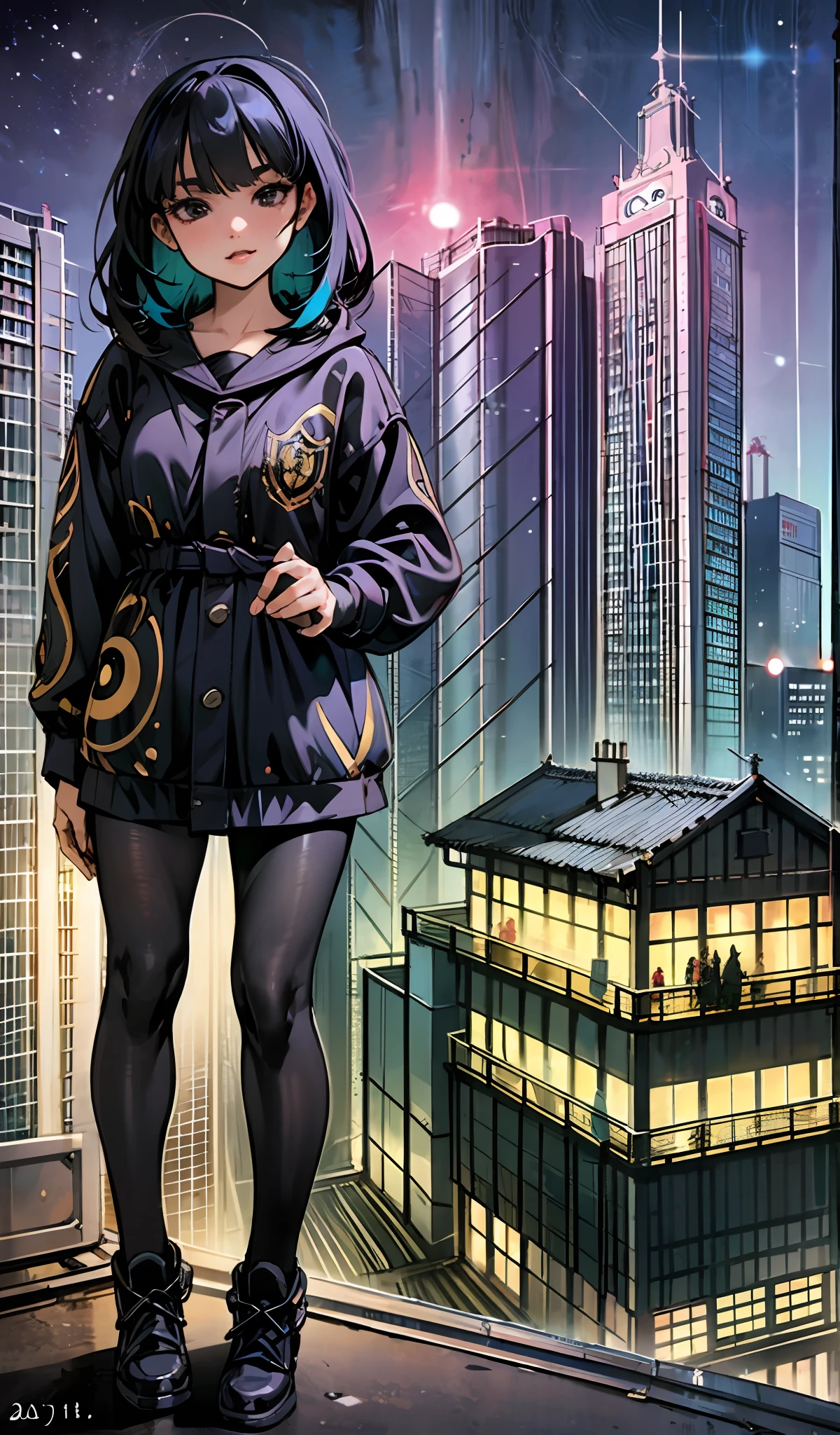 Full body portrait of Freya JKT48 with black hair, black eyes, and distinctive lips depicted in an extremely detailed CG style. The portrait showcases a breathtaking city view of a vibrant and colorful night scene accentuated by bright city lights, perfectly capturing the iconic anime style and vibe.