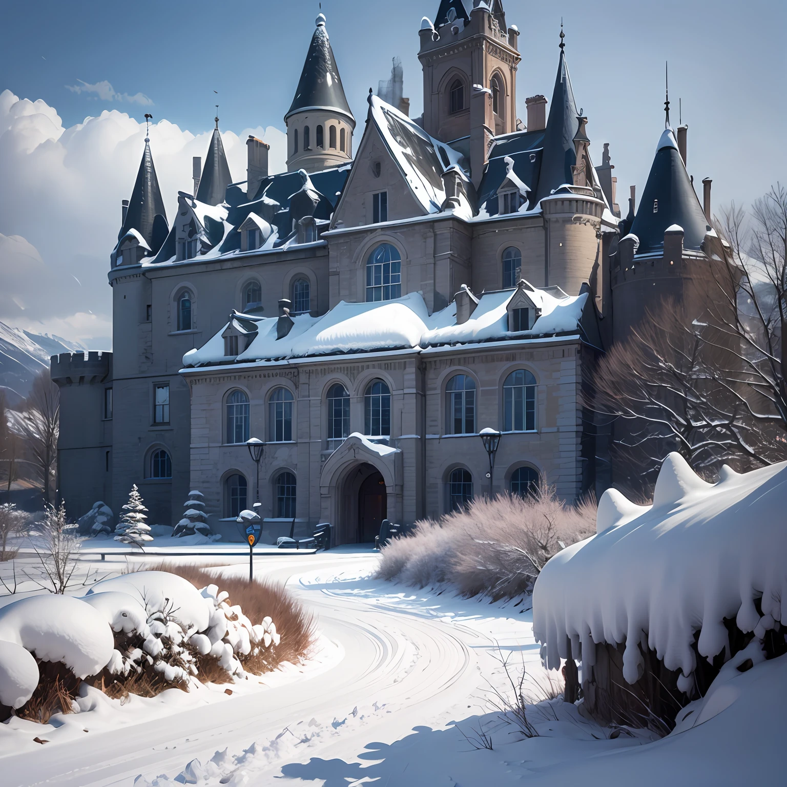Nordic landscape，White snow，There are old castles，Modern pictures，The picture can be like a masterpiece。 --auto