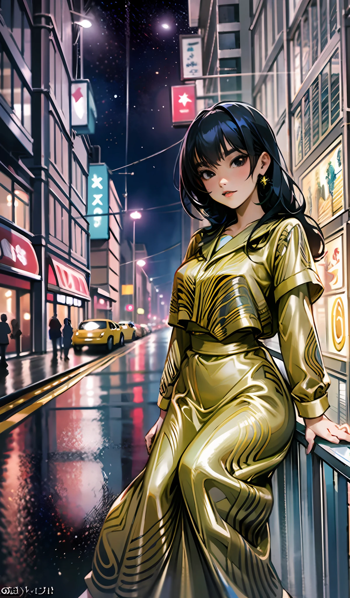 Full body portrait of Freya JKT48 with black hair, black eyes, and distinctive lips depicted in an extremely detailed CG style. The portrait showcases a breathtaking city view of a vibrant and colorful night scene accentuated by bright city lights, perfectly capturing the iconic anime style and vibe.