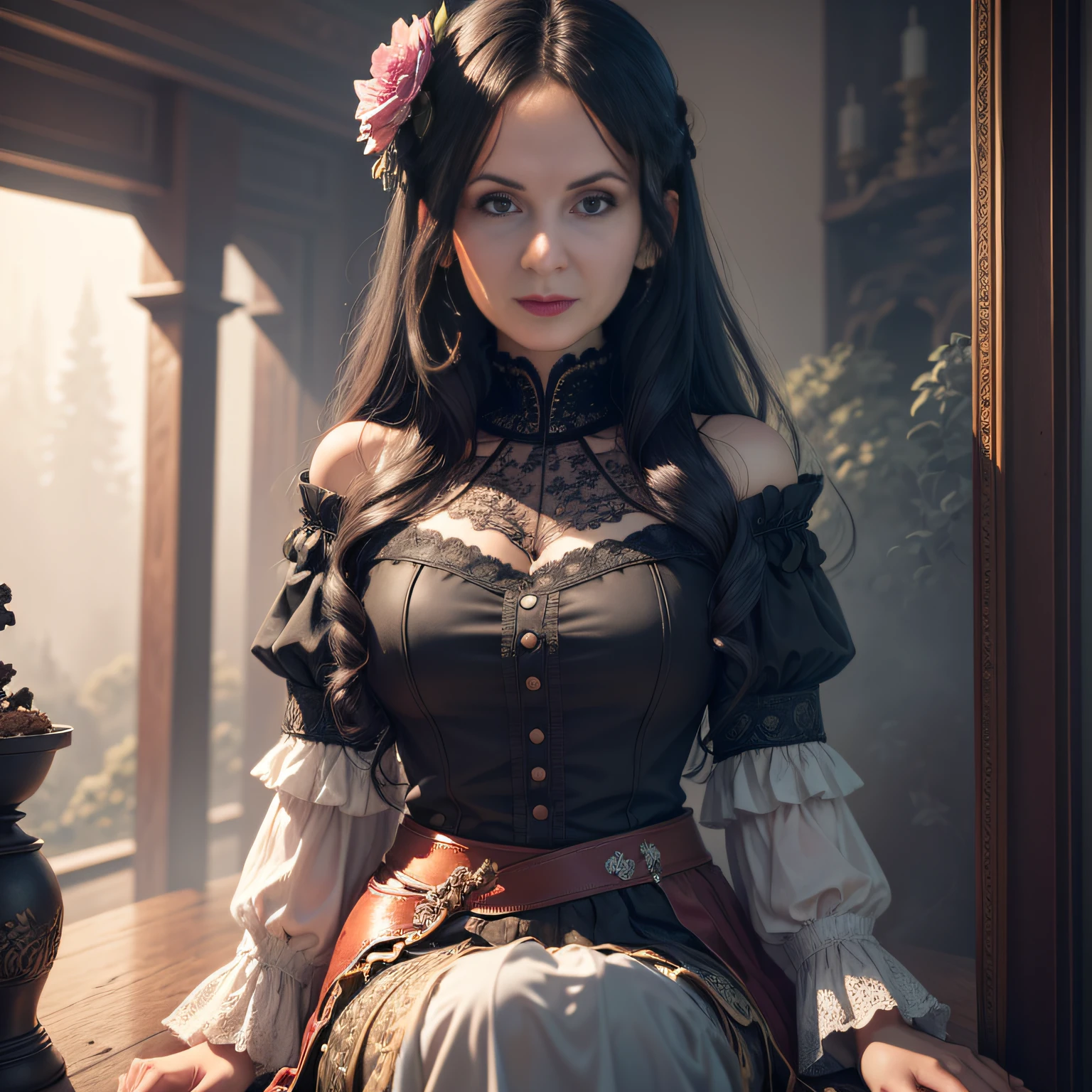 (super detailed), high resolution 8k wallpaper, best quality, lisa blackpink, black hair, (highly detailed hair: 1.4), smoke, fog, (dark forest: 1.1 ), bokeh, faded, neutral colors, (hdr: 1.5), ((pastel colors)), floral decorations, skirts, fantasy style, intricate scene, artstation, super detailed, dramatic lighting, Intricate Detail, [Vignette], Intricate Background, ( (((Movie Look)))), Soothing Tones, Intricate Detail, Ultra Detail, Stone Gray Mood, (Wide Angle), Realistic, Sharp focus, beautiful lips --auto