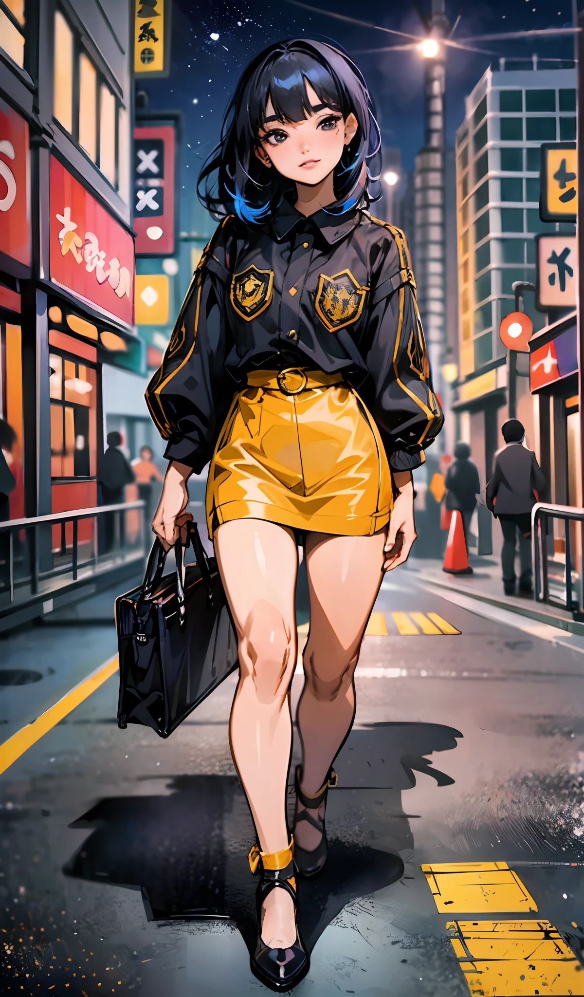 Full body portrait of Freya JKT48 with black hair, black eyes, and distinctive lips depicted in an extremely detailed CG style. The portrait showcases a breathtaking city view of a vibrant and colorful night scene accentuated by bright city lights, perfectly capturing the iconic anime style and vibe.
