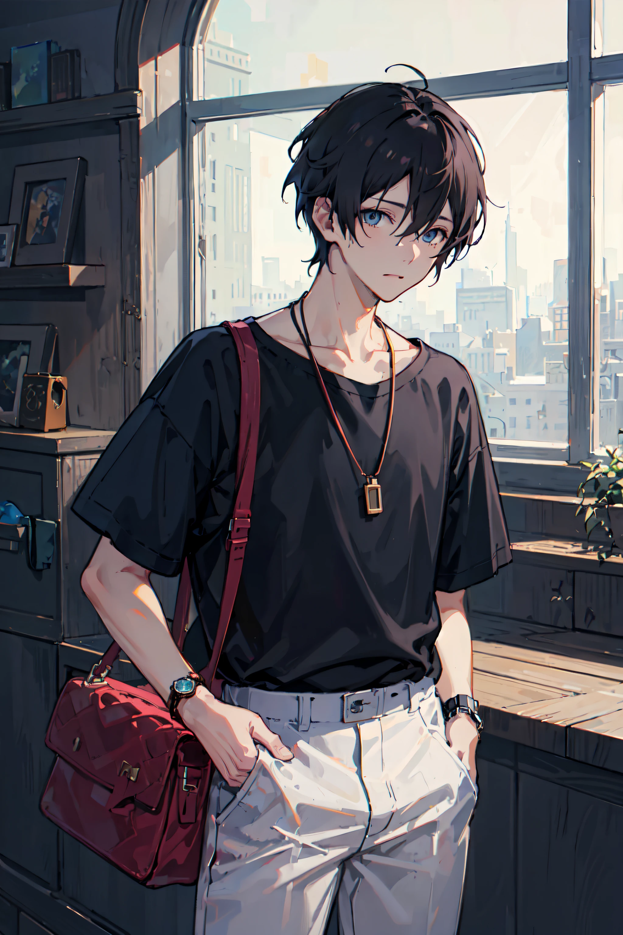 1boy, apple, bag, bangs, berry, black hair, black shirt, blue eyes, hair between eyes, jewelry, leaf, looking at viewer, male focus, necklace, pants, shirt, solo, watch, white pants, wristwatch, messy hair, trending on artstation, 8k resolution, highly detailed, anatomically correct, sharp image, digital painting, concept art, trending on pixiv, style of makoto shinkai,