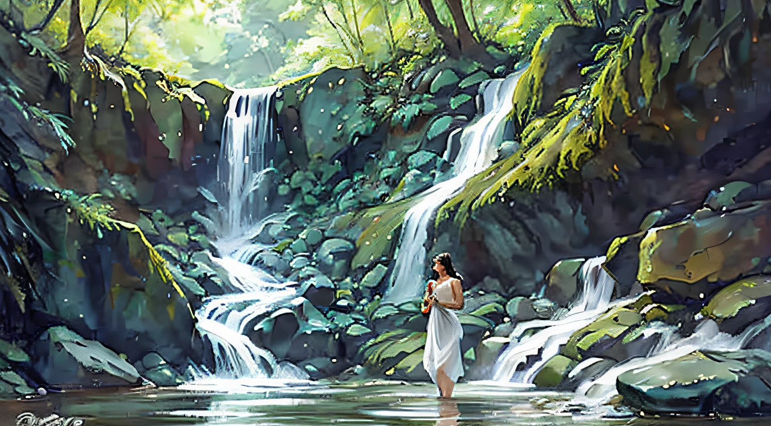 Nair Lady taking bath in a water falls, wet dress, see through dress, visible body, by artist Raja Ravi Varma, Realistic, 8K, ultra-detailed, Unreal Engine, midjourney art style