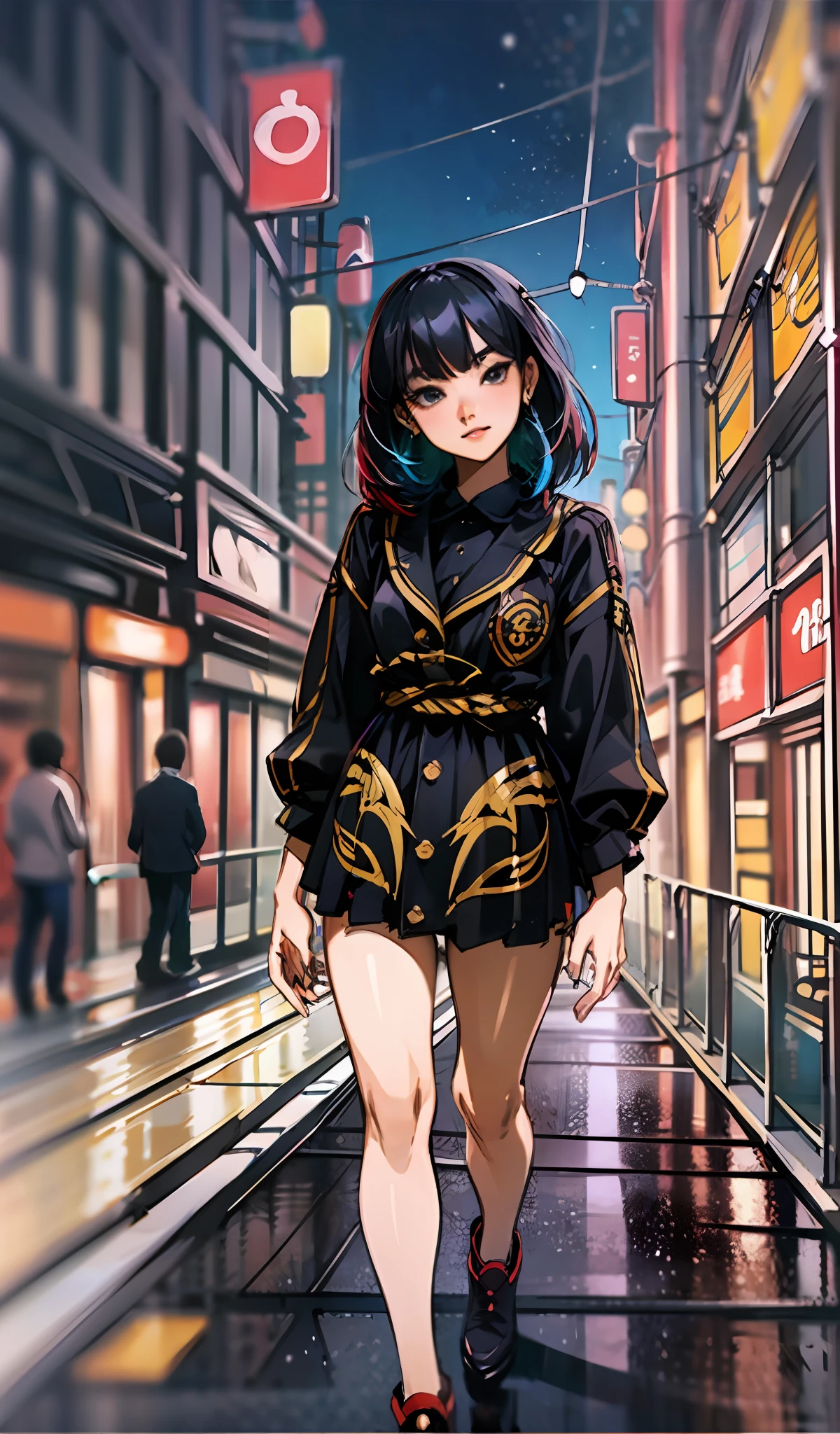 Full body portrait of Freya JKT48 with black hair, black eyes, and distinctive lips depicted in an extremely detailed CG style. The portrait showcases a breathtaking city view of a vibrant and colorful night scene accentuated by bright city lights, perfectly capturing the iconic anime style and vibe.