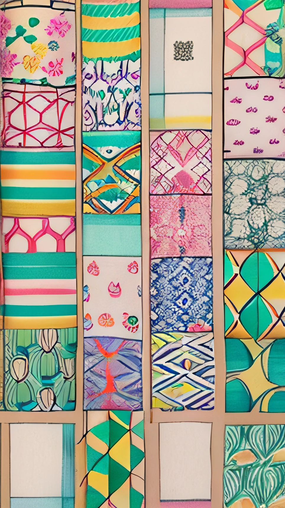 Drawing 12 Japanese fabric patterns, each with a different fabric pattern, each with a different color, hand-drawn pastel art.