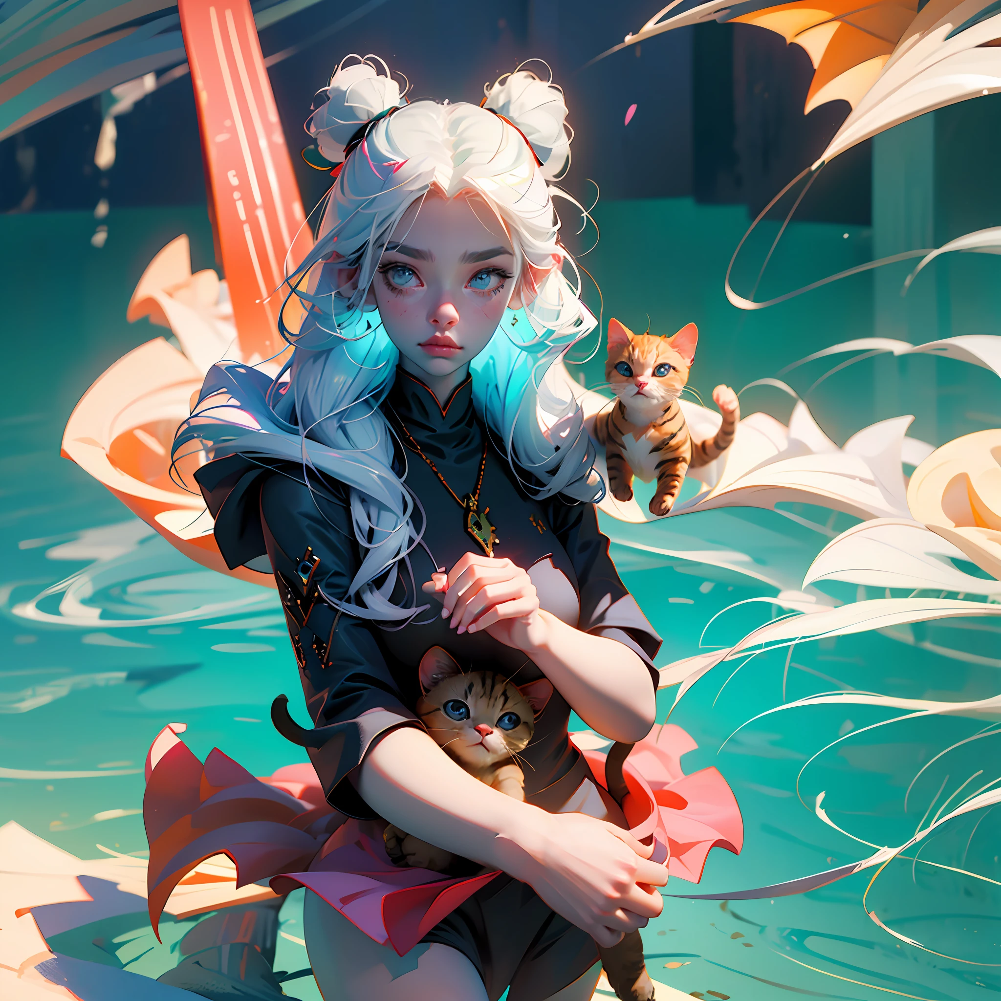 White-haired anime girl holding kitten in her arms, Best anime 4k from arknights, Anime art wallpaper 8 K, Guweiz in Pixiv ArtStation, Anime art wallpaper 4k, Anime art wallpaper 4 K, Guviz-style artwork, Guweiz on ArtStation Pixiv ，From Girl Front --auto