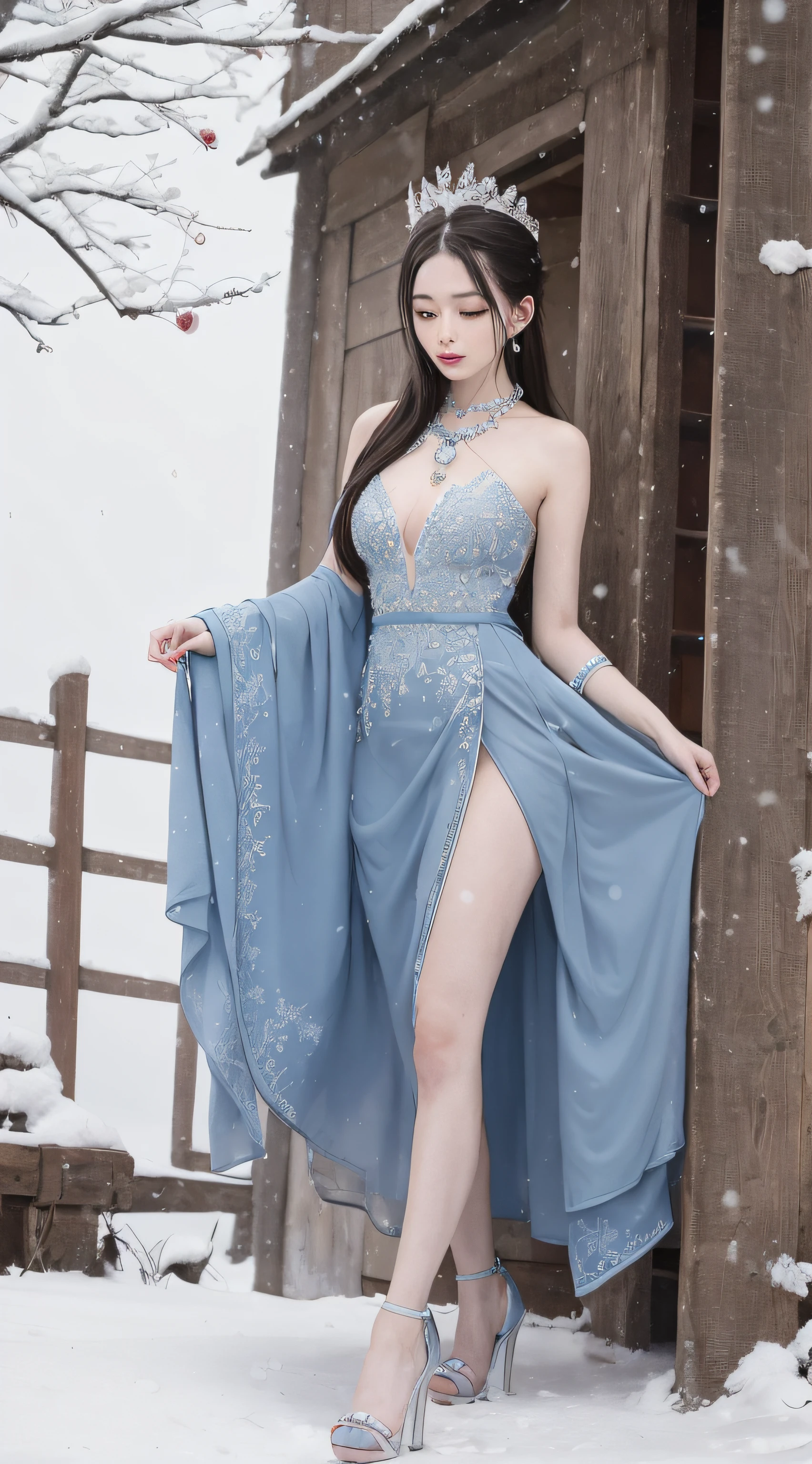 queen of ice, icey blue dress, long whitr hair, Snow and ice headdress, Ice crystal necklace, Ice wand, high-heels, icy look in the eye, The breath of the Snow Queen,in a panoramic view,dual horsetail,Works of masters,Best image quality,higher details,超高分辨率,Ambient lighting,