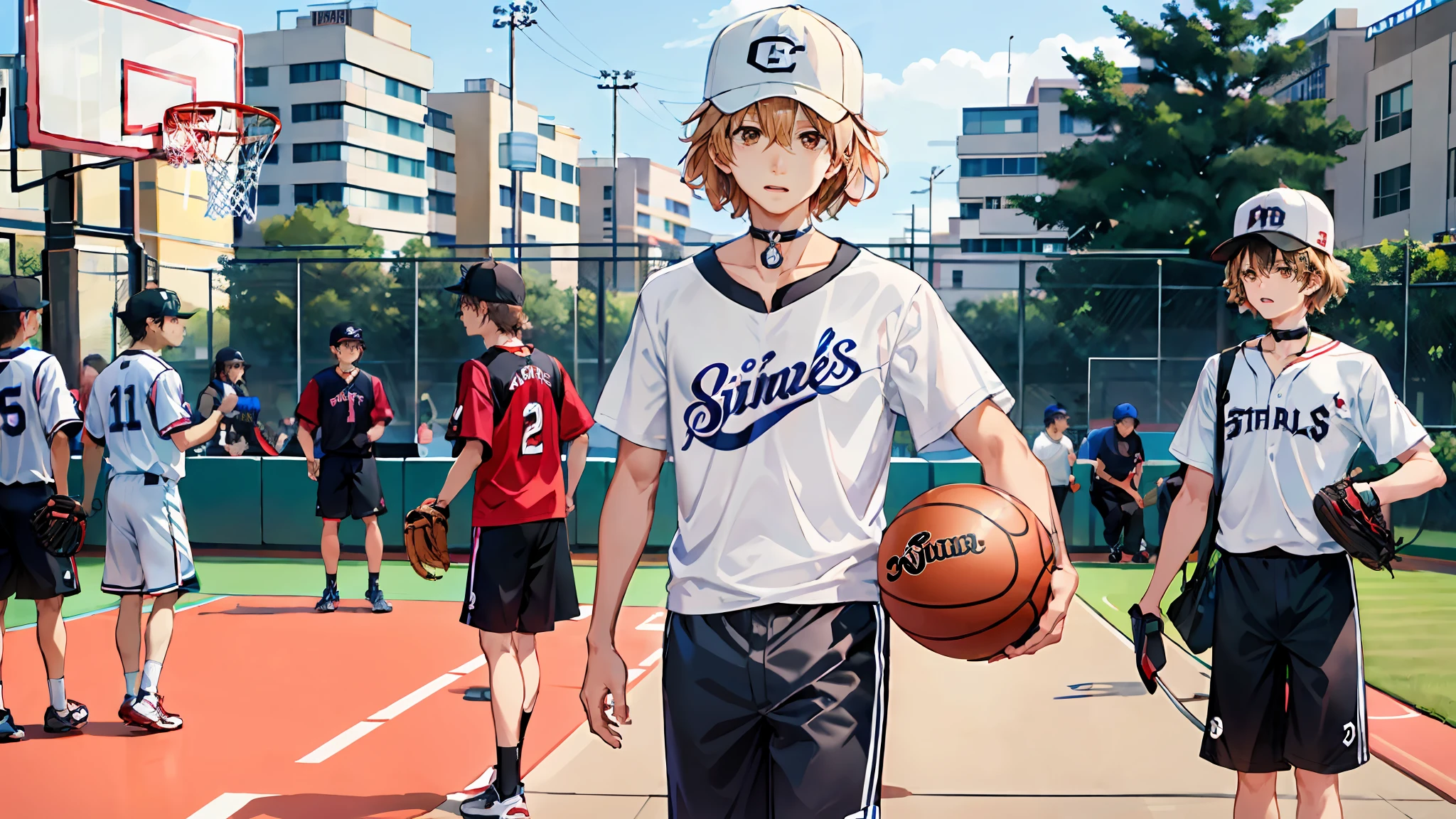 Mirai Kuriyama,sitted,basketball ball,street,scribbles,baseball cap,shorter pants,The shirt,choker necklace。