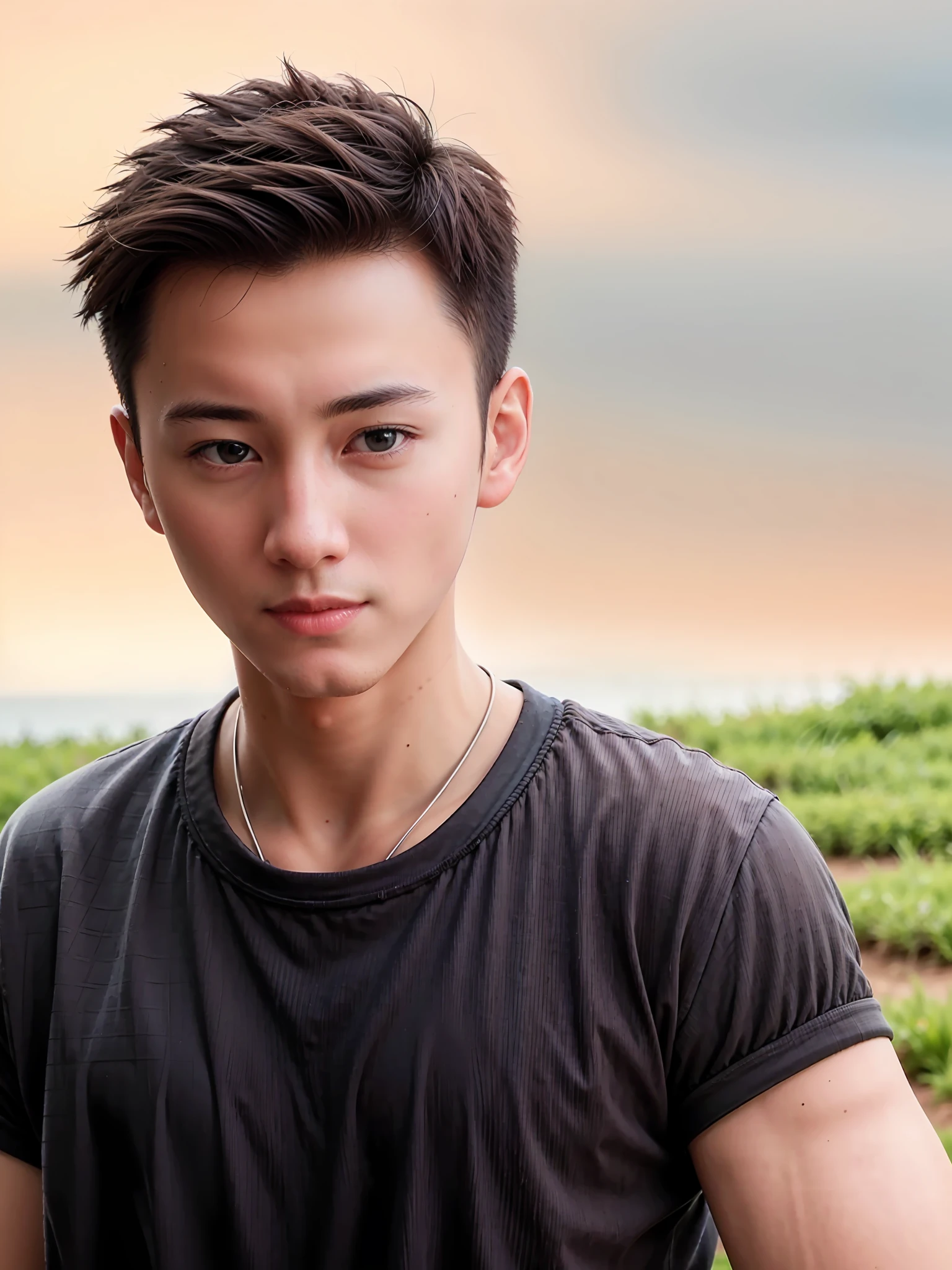 (8K HD nature photography, enjoyable, Peace of mind, Looks pretty, Looks a little shy, A young man with a thin theme, short detailed hair, High-quality graphics)