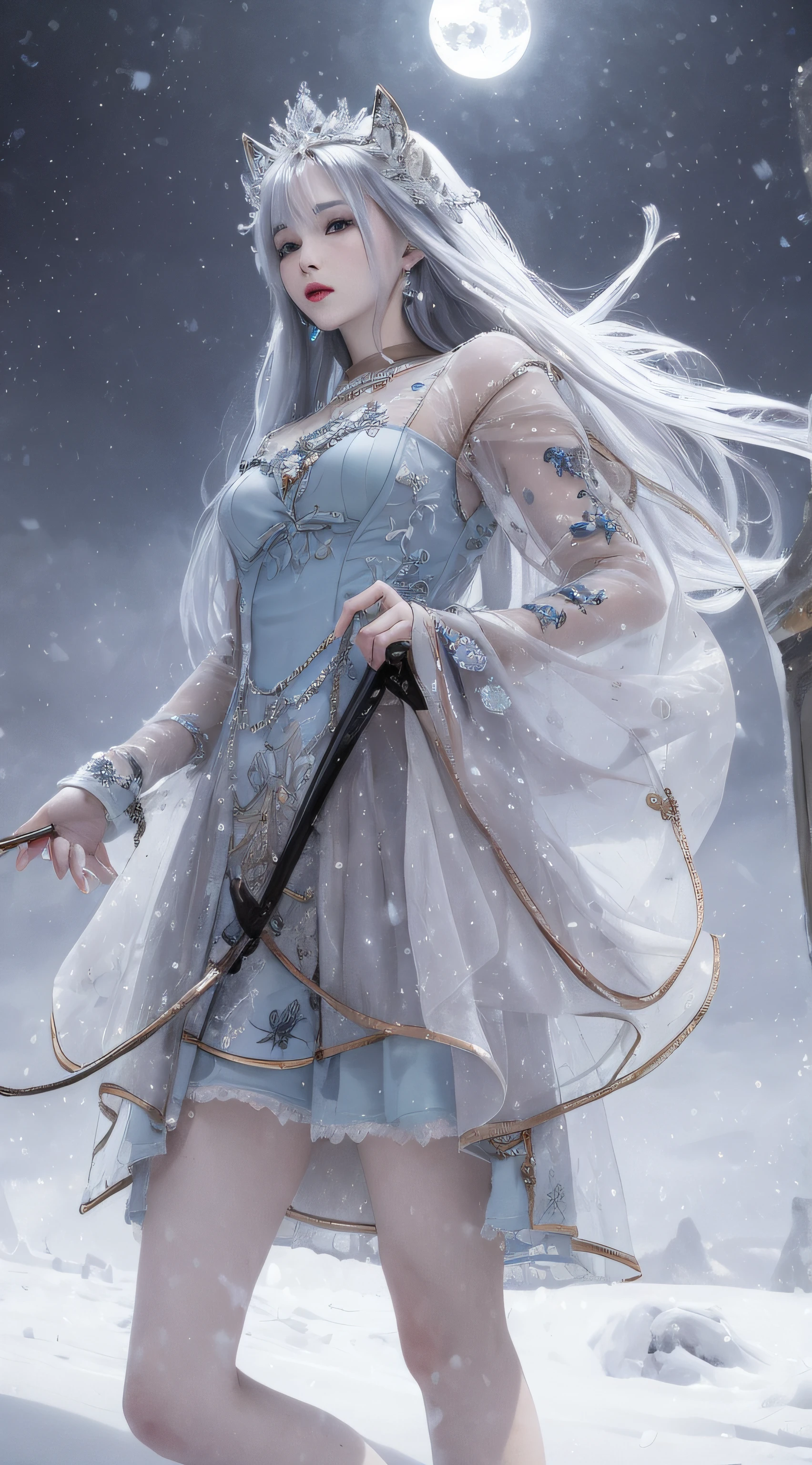 queen of ice, icey blue dress, long whitr hair, Snow and ice headdress, Ice crystal necklace, Ice wand, high-heels, icy look in the eye, The breath of the Snow Queen,in a panoramic view,dual horsetail,Works of masters，Best image quality，higher details，超高分辨率，Ambient lighting，