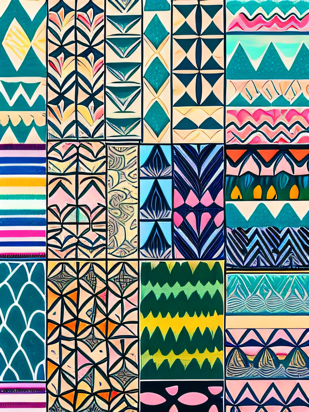Drawing 12 patterns, each with a different hieroglyphic pattern, each with a different color, hand-drawn pastel art