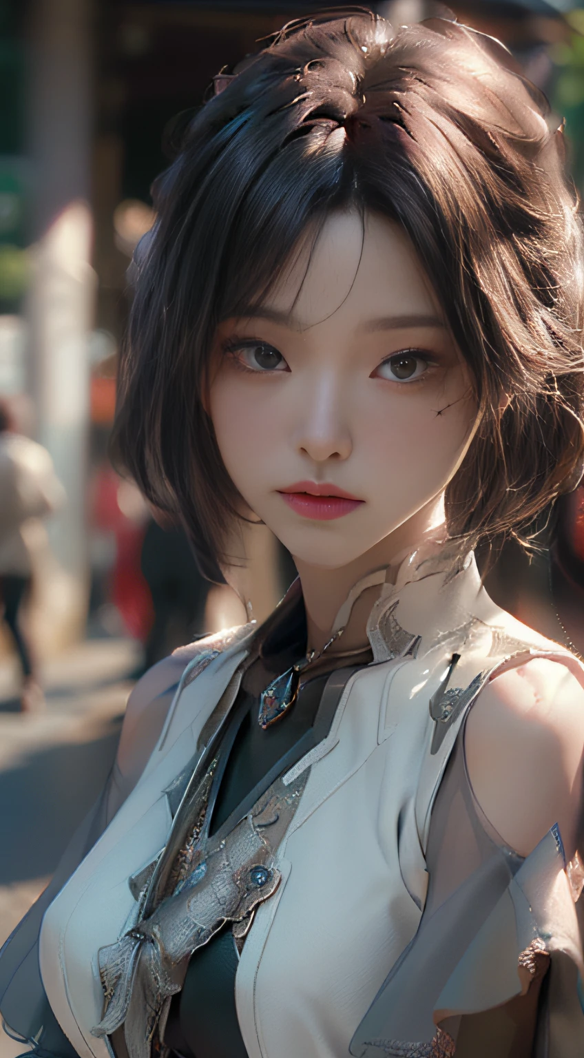 (Best Quality), ((Masterpiece), (Detail: 1.4), 3D, A Photo of a Beautiful Woman on the Street, HDR (High Dynamic Range), Ray Tracing, NVIDIA RTX, Super-Resolution, Unreal 5, Subsurface Scattering, PBR Textures, Post Processing, Anisotropic Filtering, Depth of Field, Maximum Sharpness and Sharpness, Multi-layer Textures, Albedo and Highlight Maps, Surface Shading, Accurate simulation of light-material interactions, perfect proportions, Octane Render, two-color light, large aperture, low ISO, white balance, rule of thirds, 8K RAW,