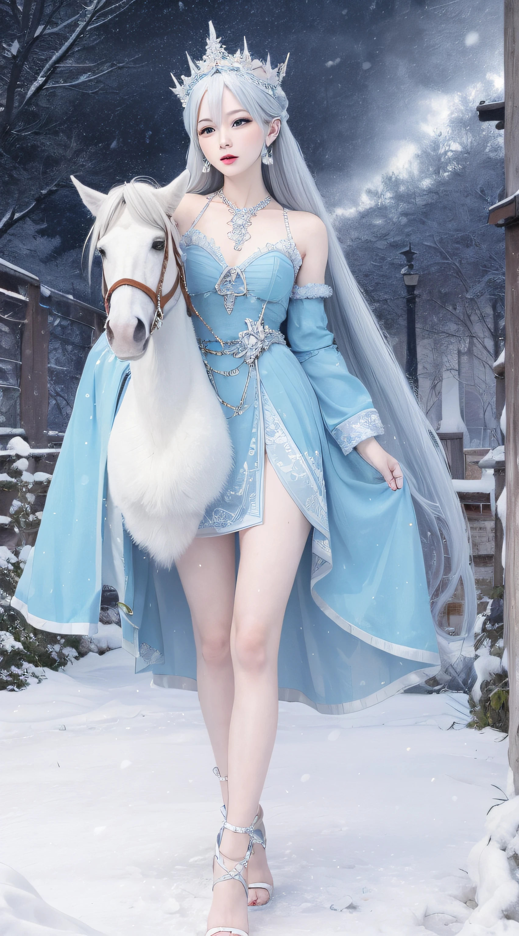 queen of ice, icey blue dress, long whitr hair, Snow and ice headdress, Ice crystal necklace, Ice wand, high-heels, icy look in the eye, The breath of the Snow Queen,in a panoramic view,dual horsetail,Works of masters，Best image quality，higher details，超高分辨率，Ambient lighting，