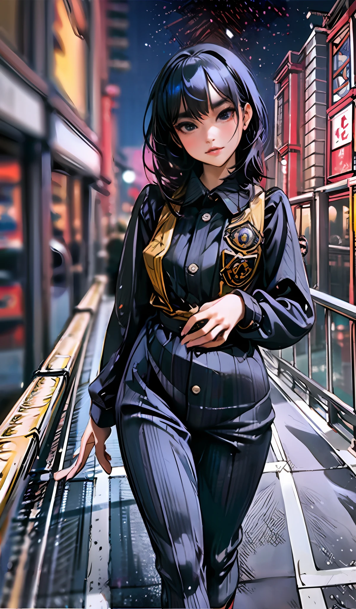 Full body portrait of Freya JKT48 with black hair, black eyes, and distinctive lips depicted in an extremely detailed CG style. The portrait showcases a breathtaking city view of a vibrant and colorful night scene accentuated by bright city lights, perfectly capturing the iconic anime style and vibe.