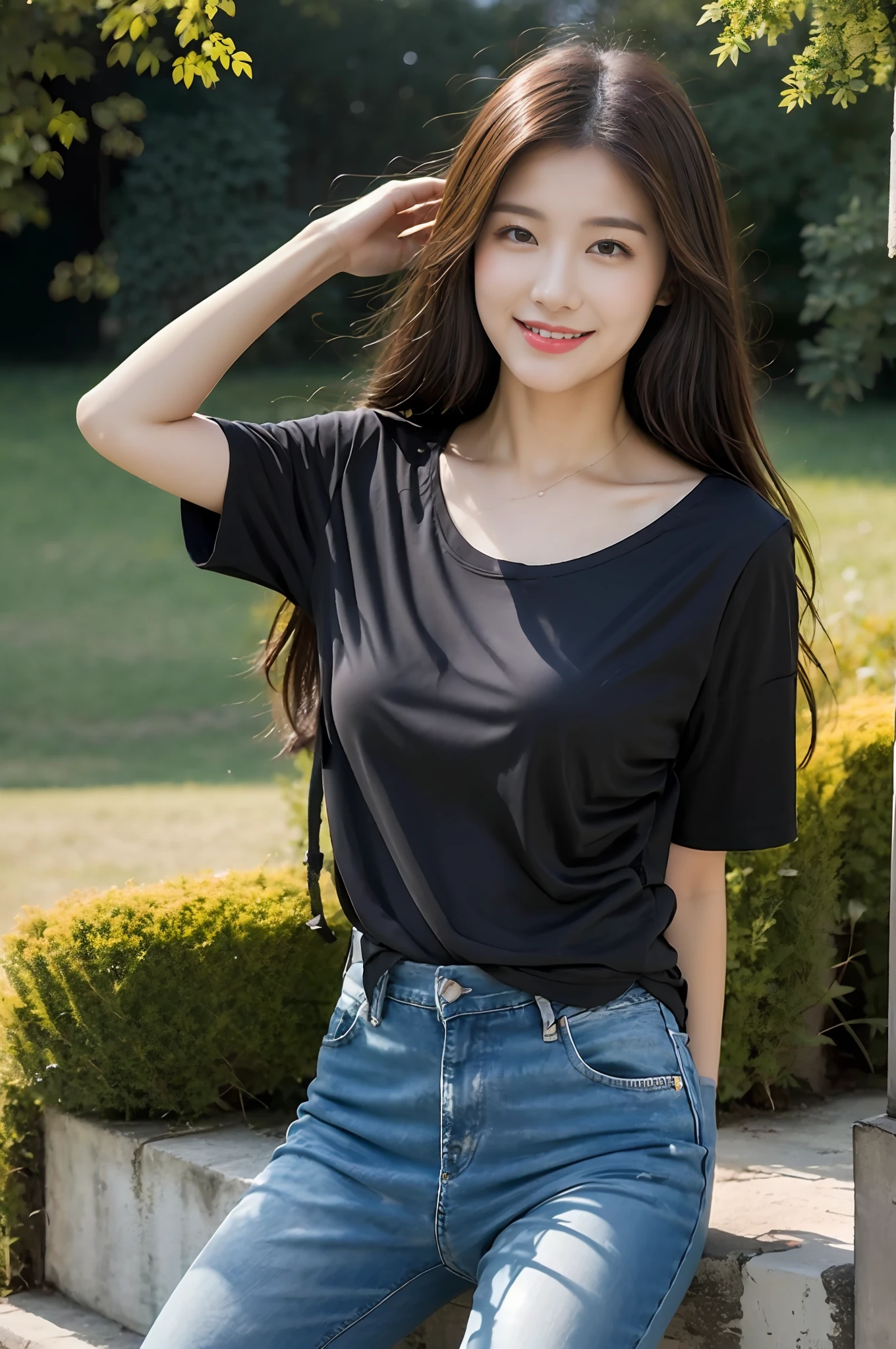 (best qualtiy:1.4),Complicated details,20 years old Korean girl,Wear a loose black T-shirt and skinny jeans,Stand on the grass and take pictures,Detailed meadow,A sweet smile,Ultra-realistic facial details,Coquettish pose,Slender calves:1.2,Wear colorful canvas shoes:1.0,fully body photo:1.5