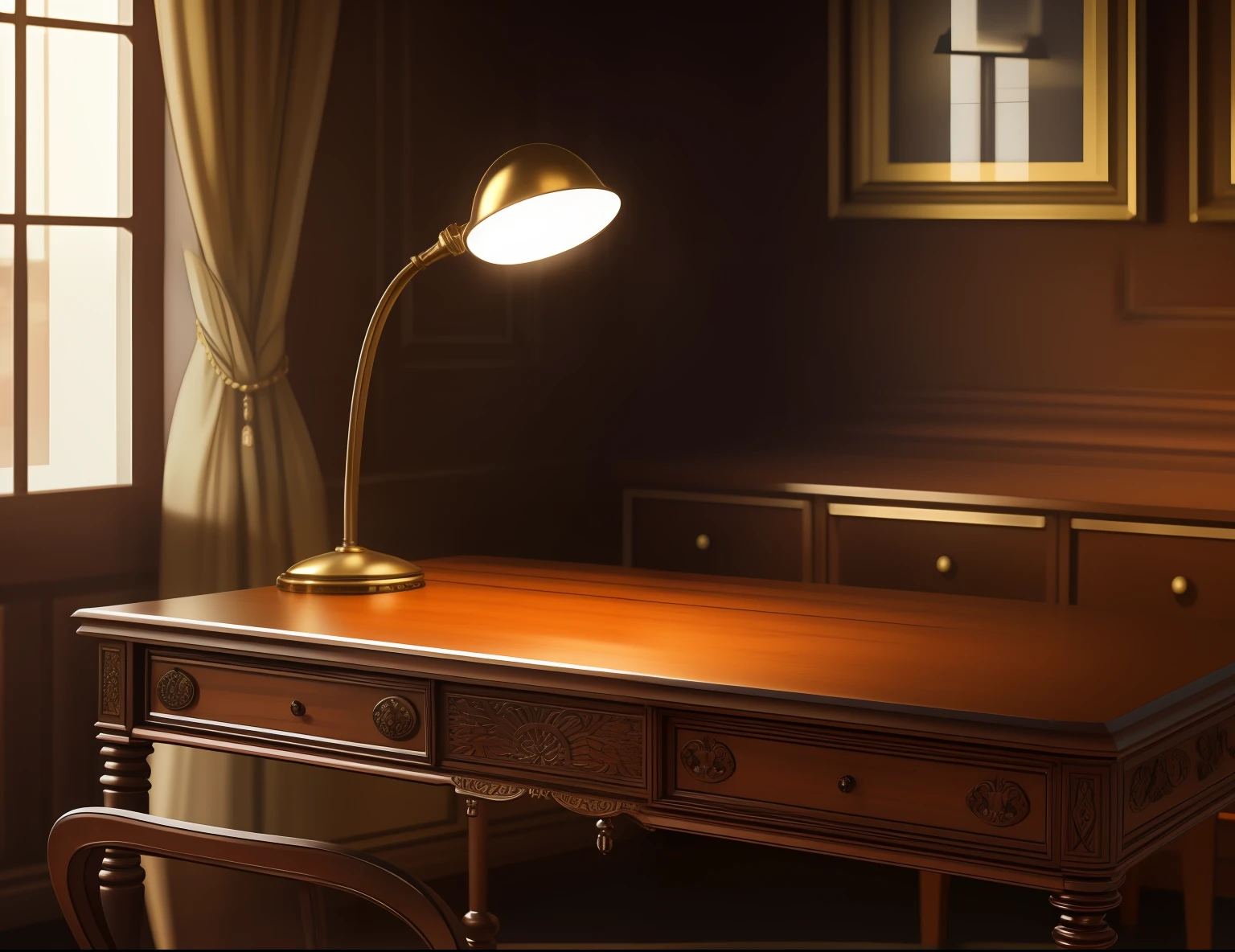 masterpiece, Highly detailed, super realistic, 4k, 8k, detailed background, bright Lighting, Victorian style,
(Desk lamp)、(desk)、