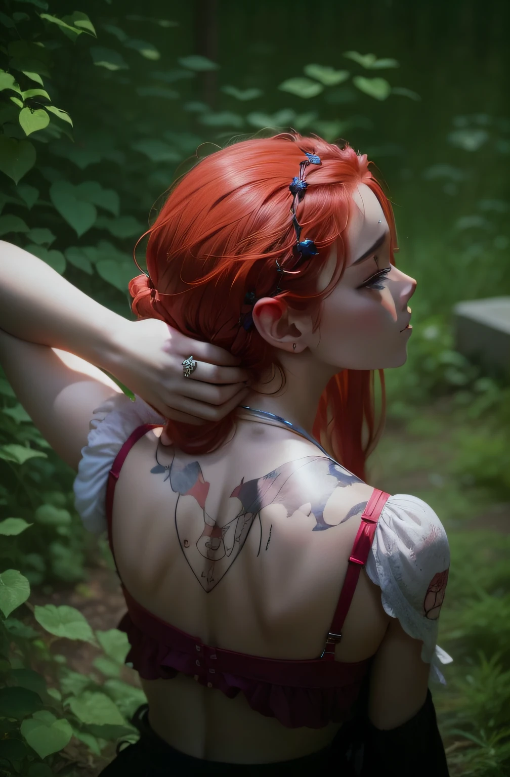 There is a woman with red hair and tattoos on her back, amouranth, with red hair, red haired goddess, redhead girl, redhead girl, redhead girl, in the style of Anne Stokes, red hair, alena aenami and artgerm, red head, better known as amouranth, mohrbacher, realistic cosplay, Monia Merlo Placeholder Image
