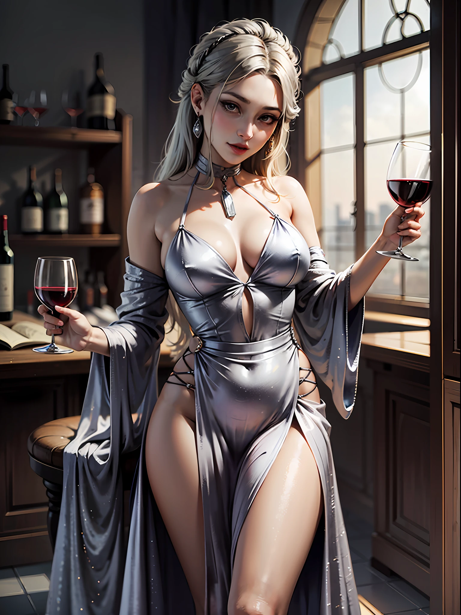 A young female vampire, beautiful, in a silver gown, holding a glass of wine in her hand. --auto --s2