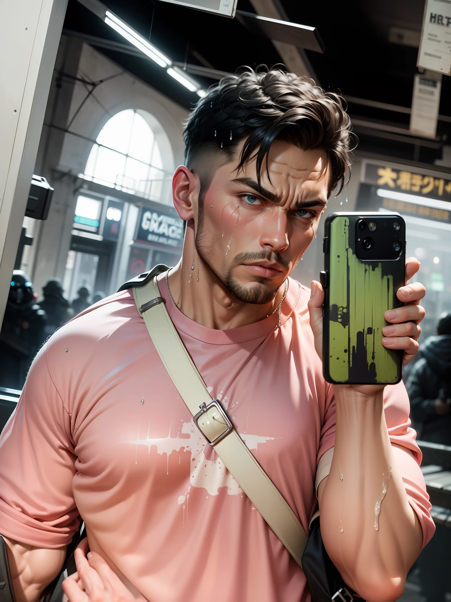 Strong muscular man, street rage, backpack, epic realism, photo, faded, complex stuff around, complex background, wet, neutral colors, ((((hdr)))), (((( muted colors)))), complex scene, artstation, intricate details, vignette
