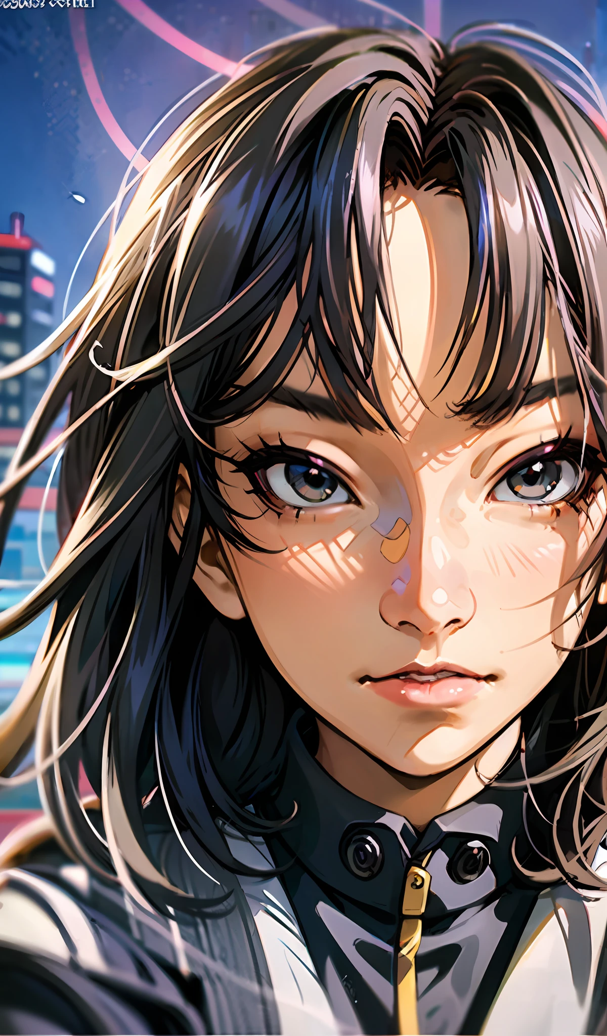 (detailed CG portrait, masterpiece, best quality) of (1girl, Freya JKT48), emphasizing her (lips and black eyes) in an anime style with (black hair) against a (night view) of (city lights), giving off strong (anime vibes).
