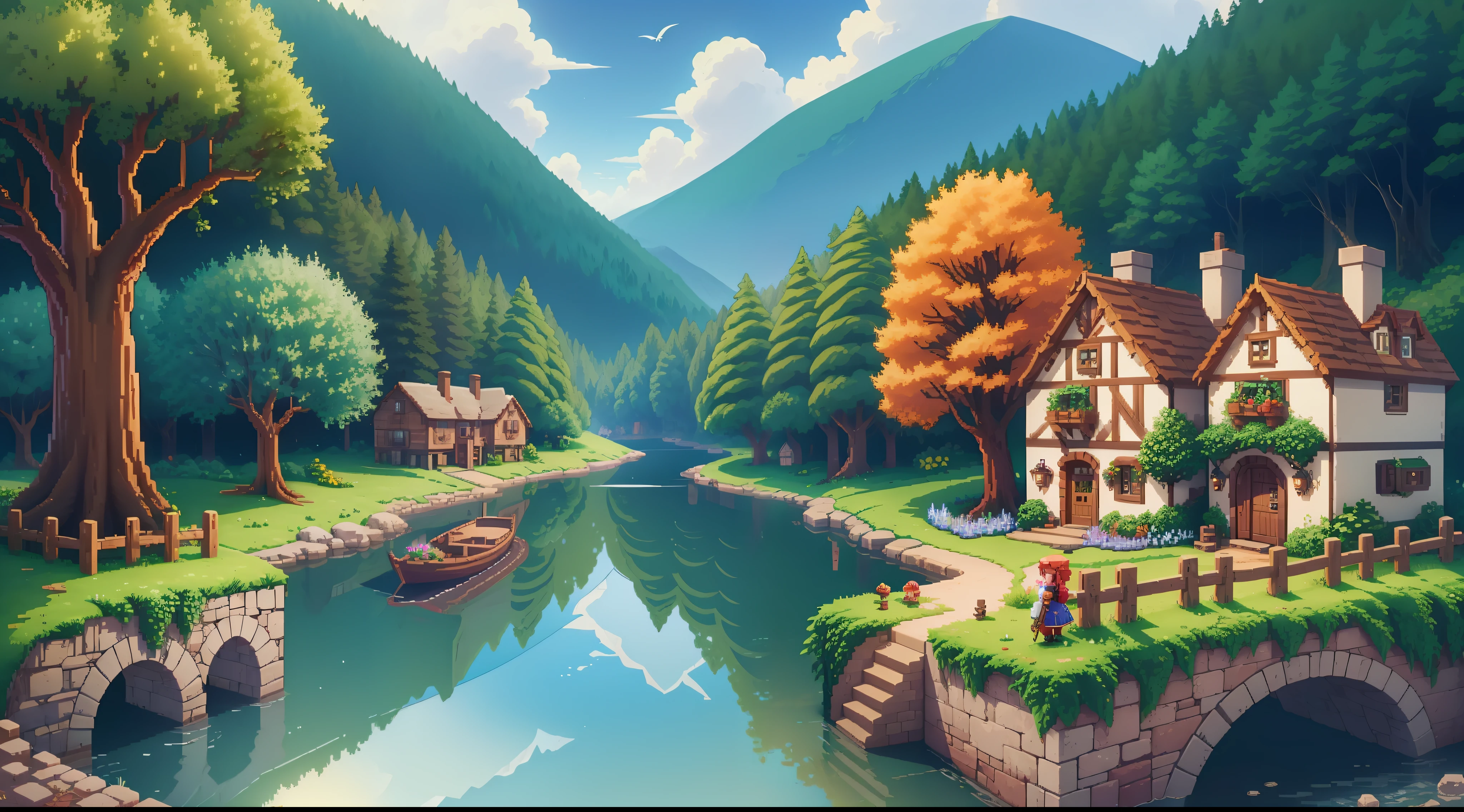 generation of high quality Stardew Valley style wallpaper (8k wallpaper), with adventure themes. The scene shows a beautiful enchanted forest, a picturesque little town and a mine next door, accompanied by a female character on her back holding a sword, with red hair. The pixel art style combines with the adorable little monsters and the magical atmosphere.