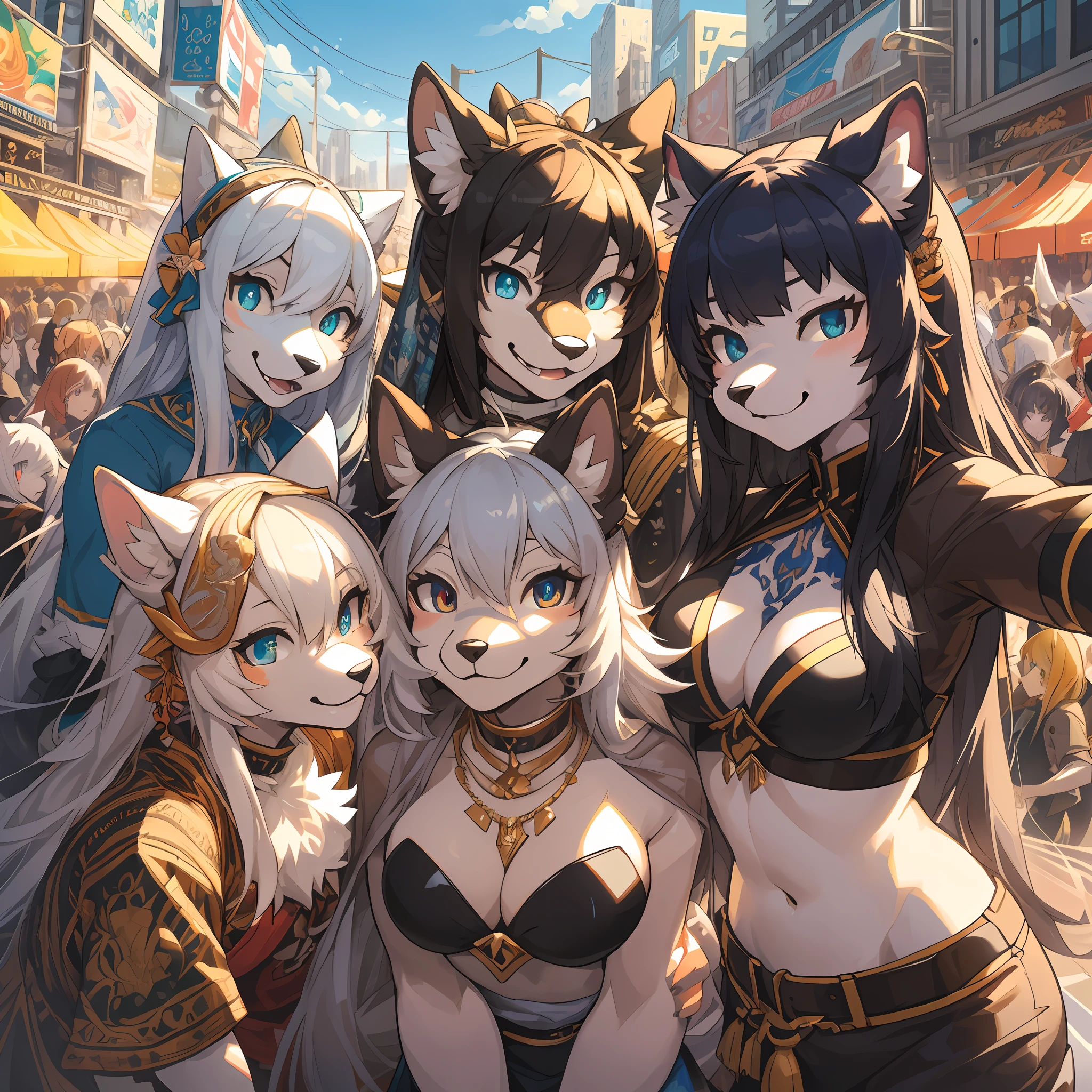 top quality, best quality, High-quality illustrations, masterpiece, super high resolution, detailed background, Crowded cityscape, million+girls, group shot, festival, absurdres(highly detailed beautiful face and eyes)perfect anatomy(kemono)(furry anthro)selfie,