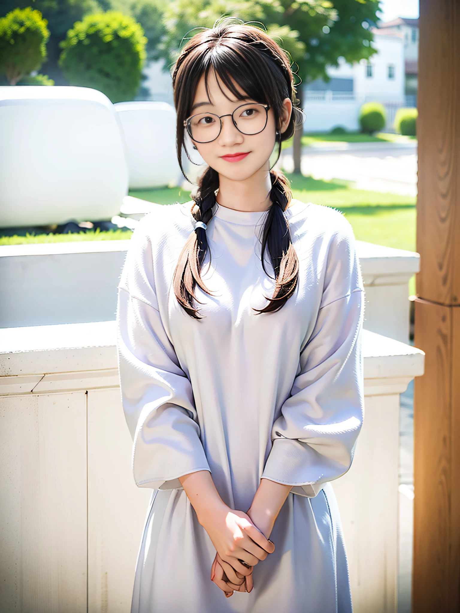 Beautuful Women，white colors，dual horsetail，Textured skin，High value，dual horsetail，Top，k hd，Simple，Glasses，There are flowers on the head，Gradient pupil color，Light smile，is shy，romanticism lain