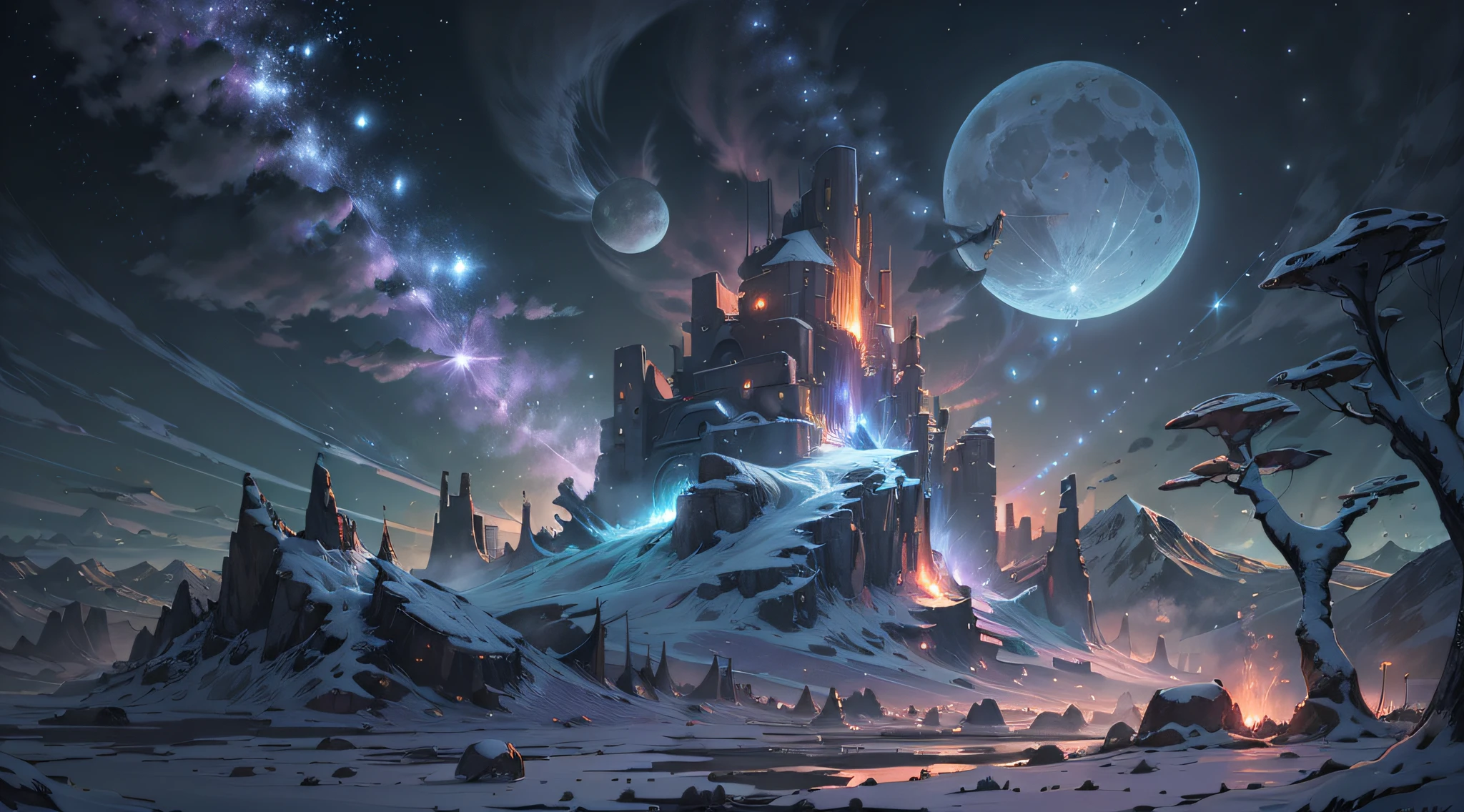 Expansive landscape photography, (See below.), Above is the sky, Below is an open field), (Full Moon: 1.2), (Meteor: 0.9), (Nebula: 1.3), distant mountain, BREAK tree making art, (Warm light source: 1.2), (Firefly: 1.2), lights, Very purple and orange, complicated detail, volume lighting, BREAK realism (Masterpiece: 1.2), (best quality), Ultra-detailed, RAWExtremely detailed, Colorful details, (Rainbow colors: 1.2), (bright lighting, atmospheric lighting), Dreamlike, Magical, 4k
