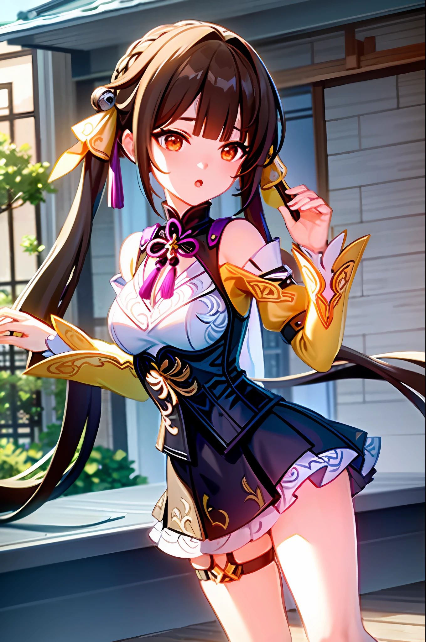 (8k,RAW photos,best qualtiy,tmasterpiece:1.2,ultra - detailed,offcial art,Unity 8k壁纸),1 man,SushangV4,独奏,long whitr hair,big cleavage breasts,hair adornments,longer sleeves,shift dresses,,bare shoulders,Keep one's mouth shut,Holding a long sword,pigtails,Chinese clothes,(exteriors,Chinese Ancient Architecture:1.5),render in blender((isometry)),