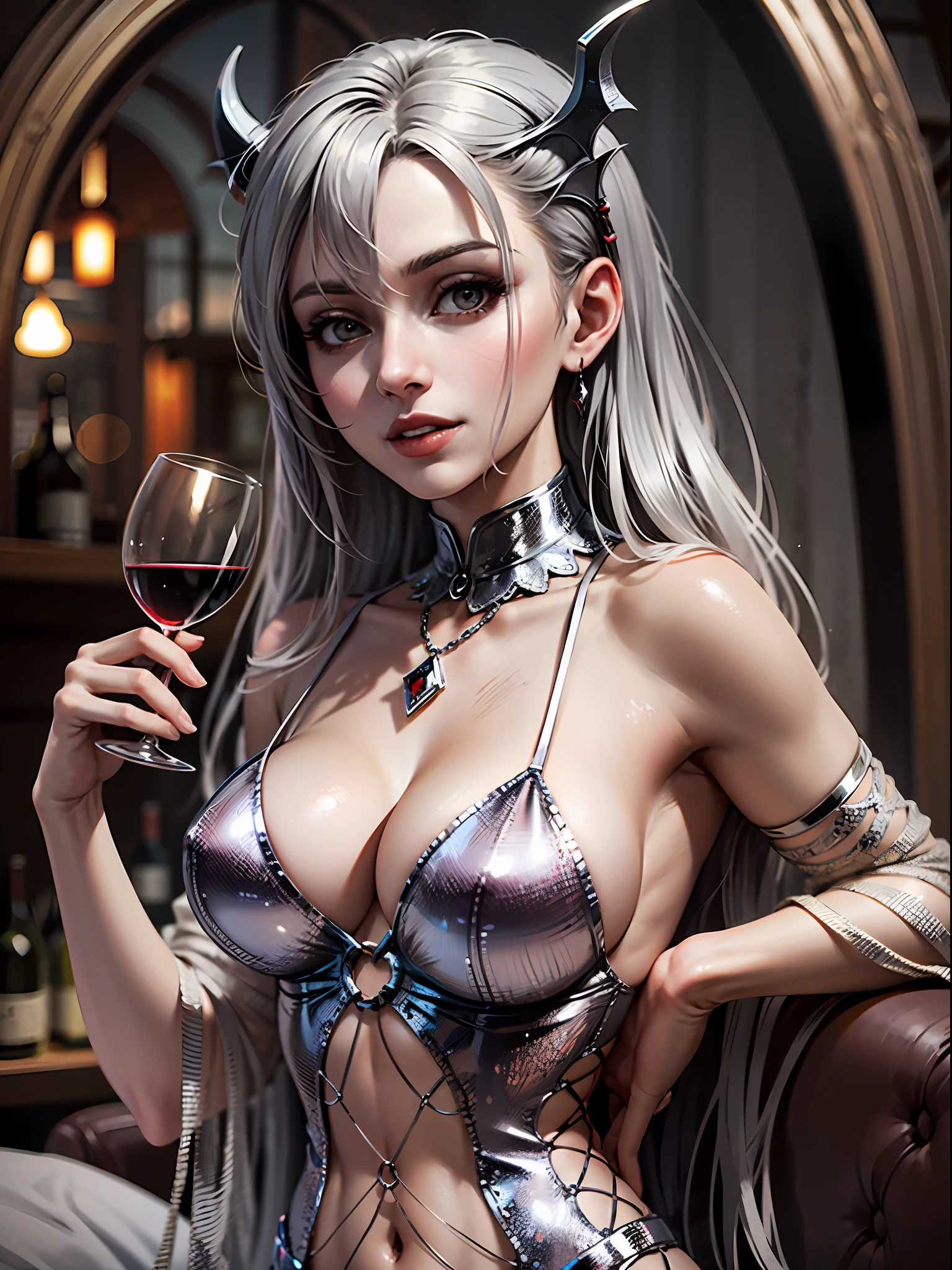 A young female vampire, beautiful, in a silver gown, holding a glass of wine in her hand. --auto --s2