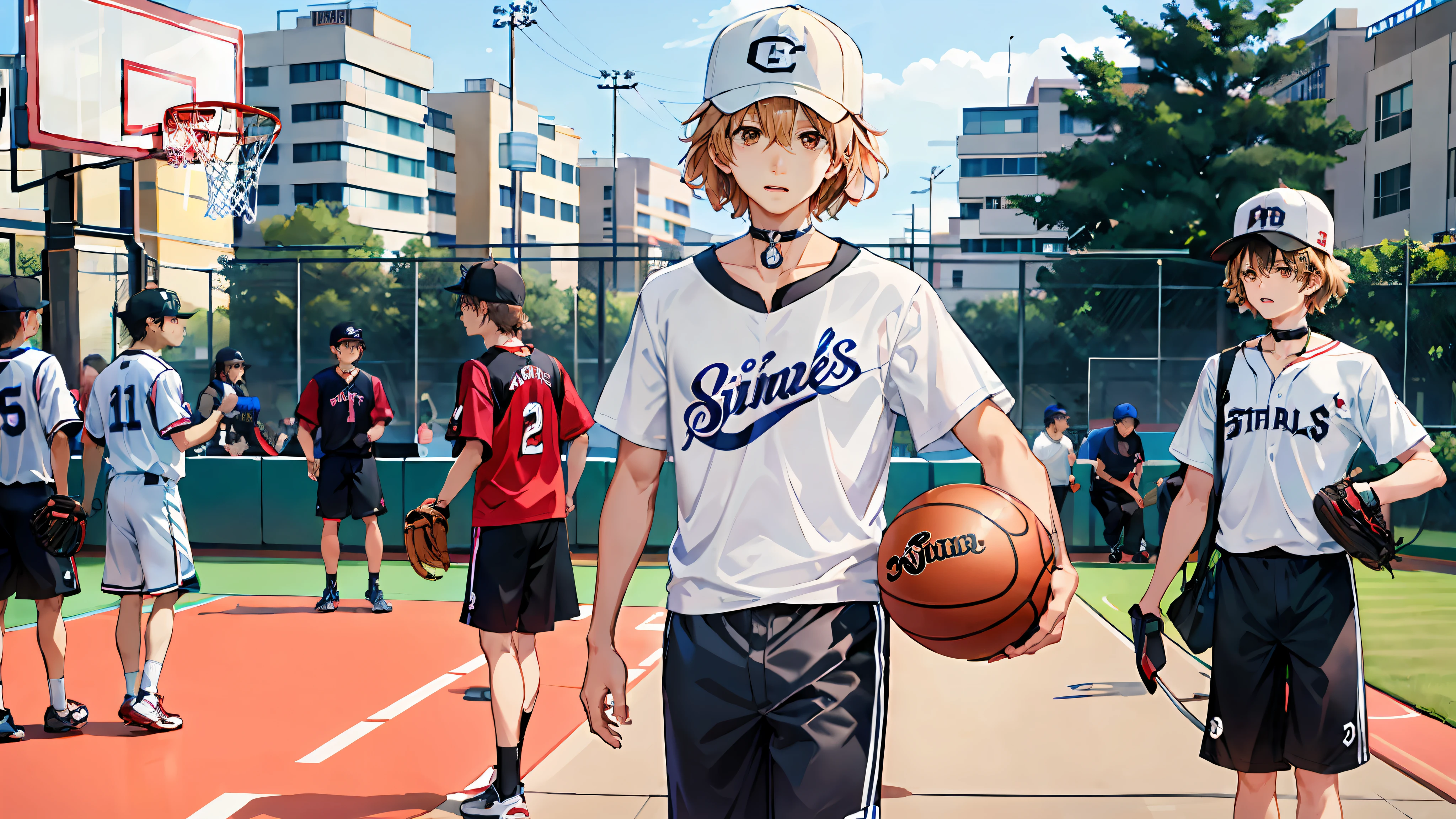 Mirai Kuriyama，sitted，basketball ball，street，scribbles，baseball cap，shorter pants，The shirt，choker necklace。