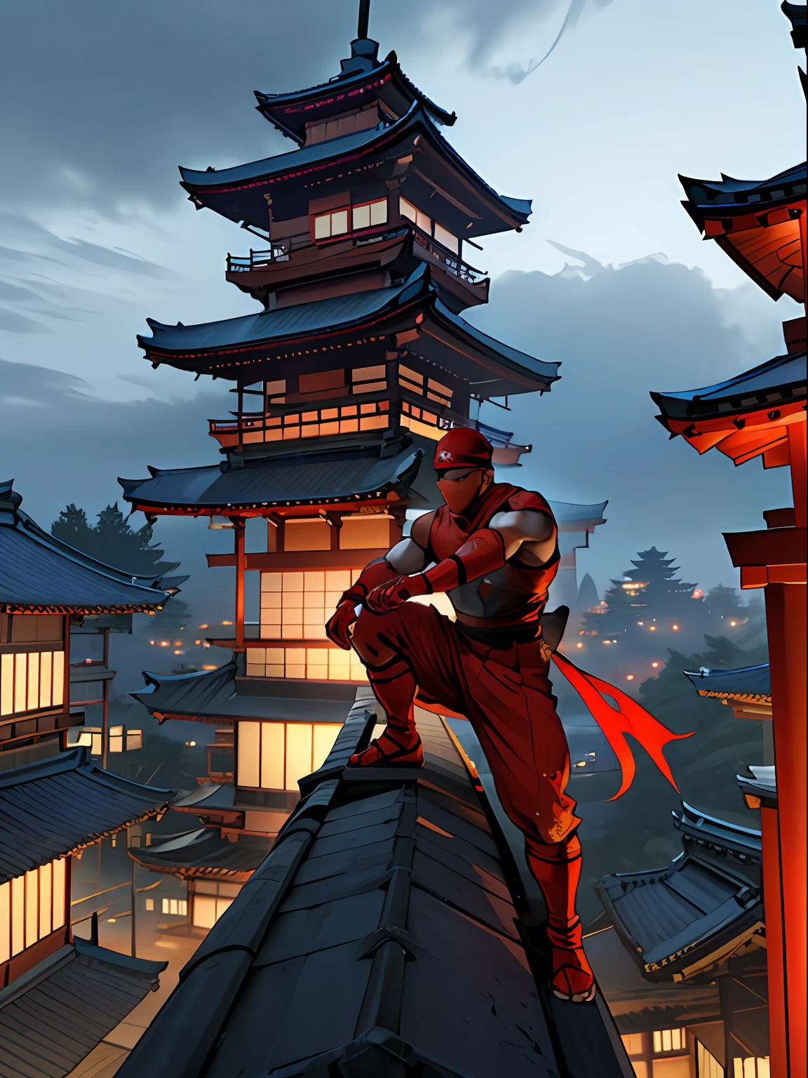 A red (((ninja boy))) fights on the roof of a pagoda in Japan. A ruined city ((Best quality)), ((masterpiece)), (highly detailed:1.3), 3D Dramatic, dark atmosphere and cinematic lighting, shot on a dslr camera, shallow dept of field --ar 9:16 50 --s 2