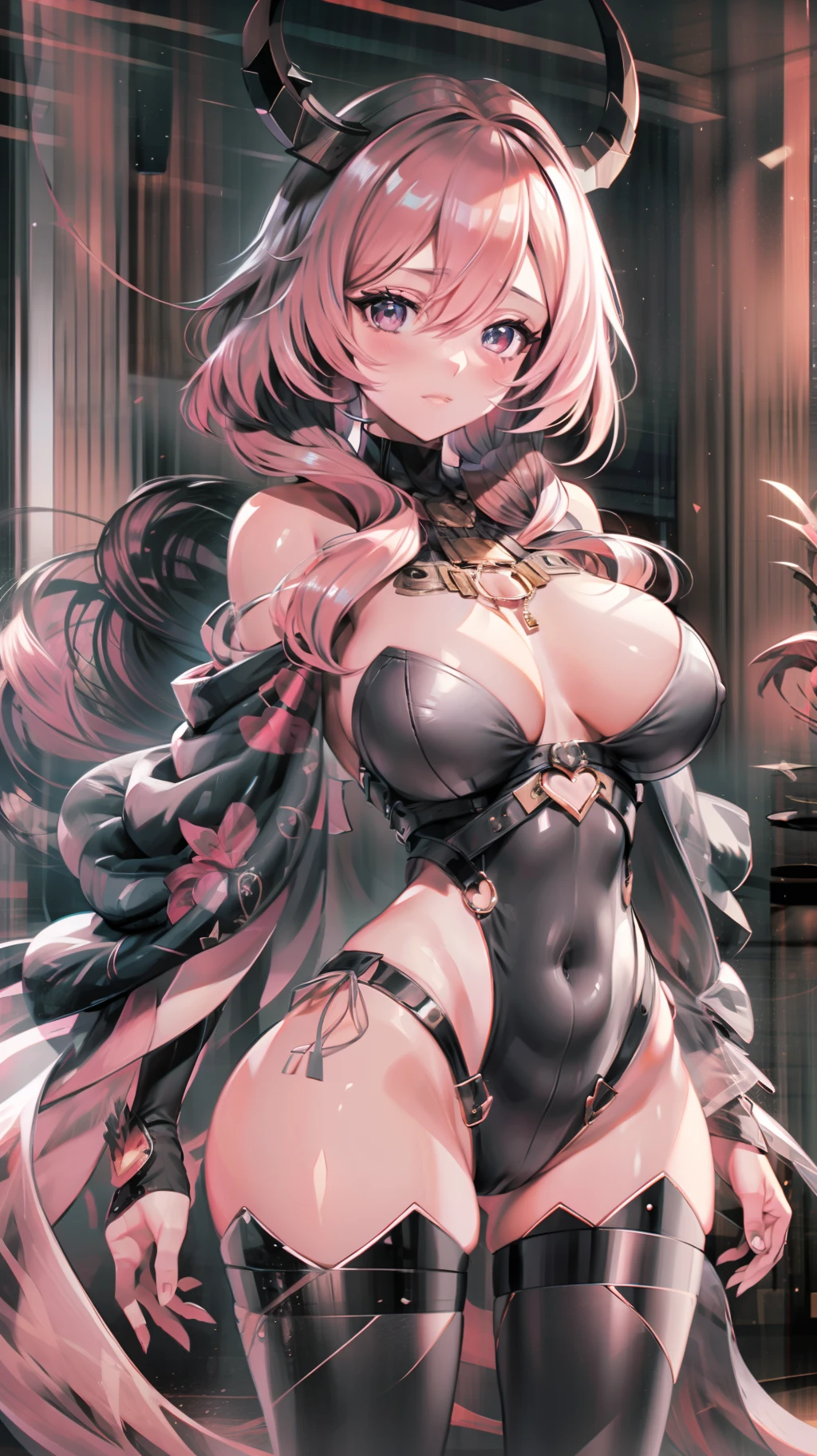 Large breasts，slim，Cocked buttocks，Pink hair，Shawl hair，dishiveredhair，curlies，succubi，Heart-shaped eyes，masterpiece, high details, high quality, textured skin, award winning, best quality, highres, 8k, masterpiece