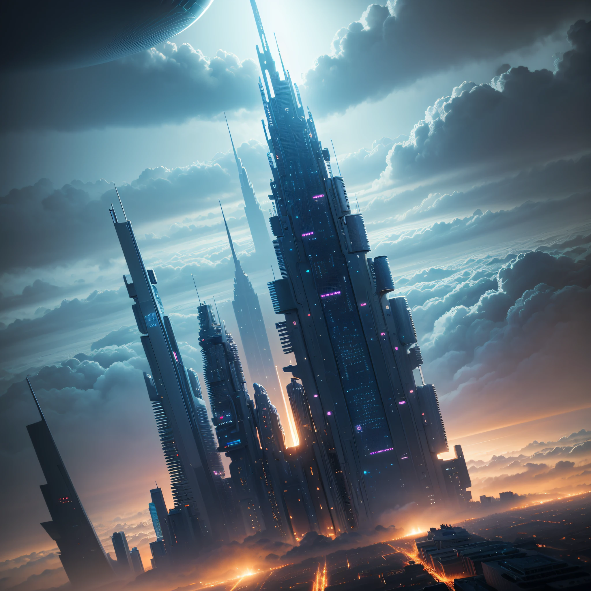 futuristic technology macro photography technology town city in the clouds ultra-clear intricate details darkness